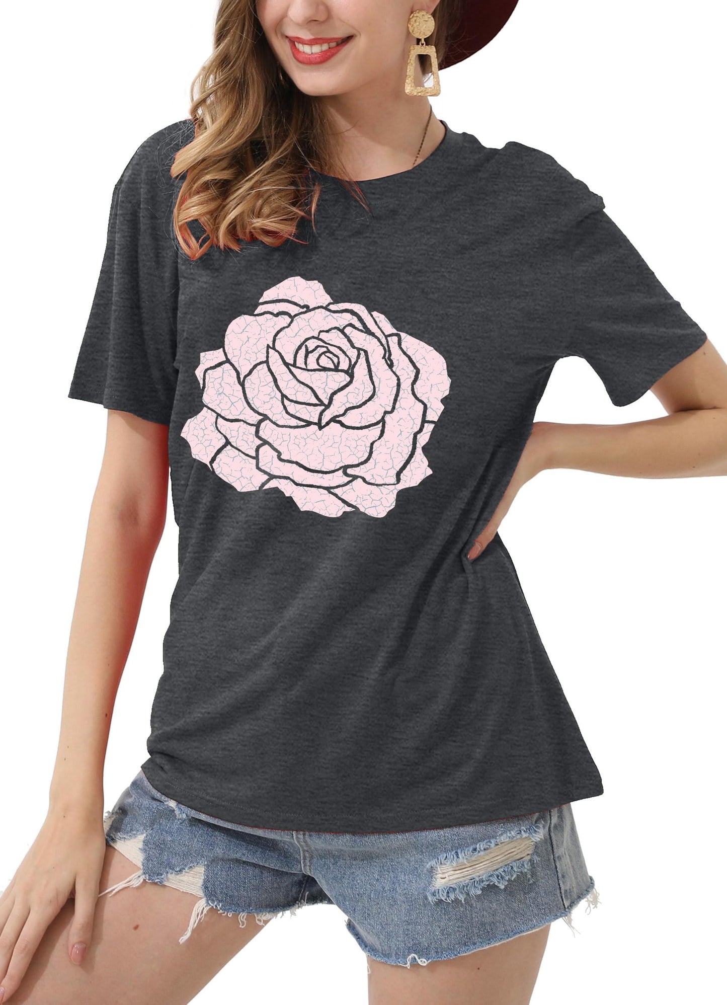 Rose Shirt for Women Flower Graphic Tee Vintage Roses T Shirts Women Loose Fit Rose Tops Short Sleeve