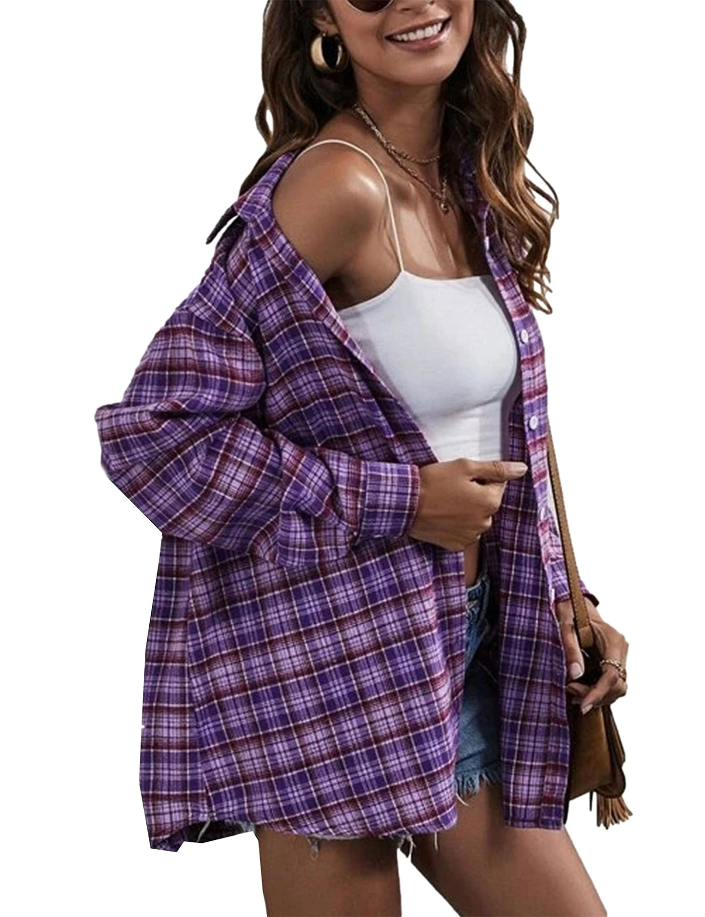 Plaid Flannel Shirts for Women Oversized Long Sleeve Button Down Buffalo Plaid Shirt Blouse Tops