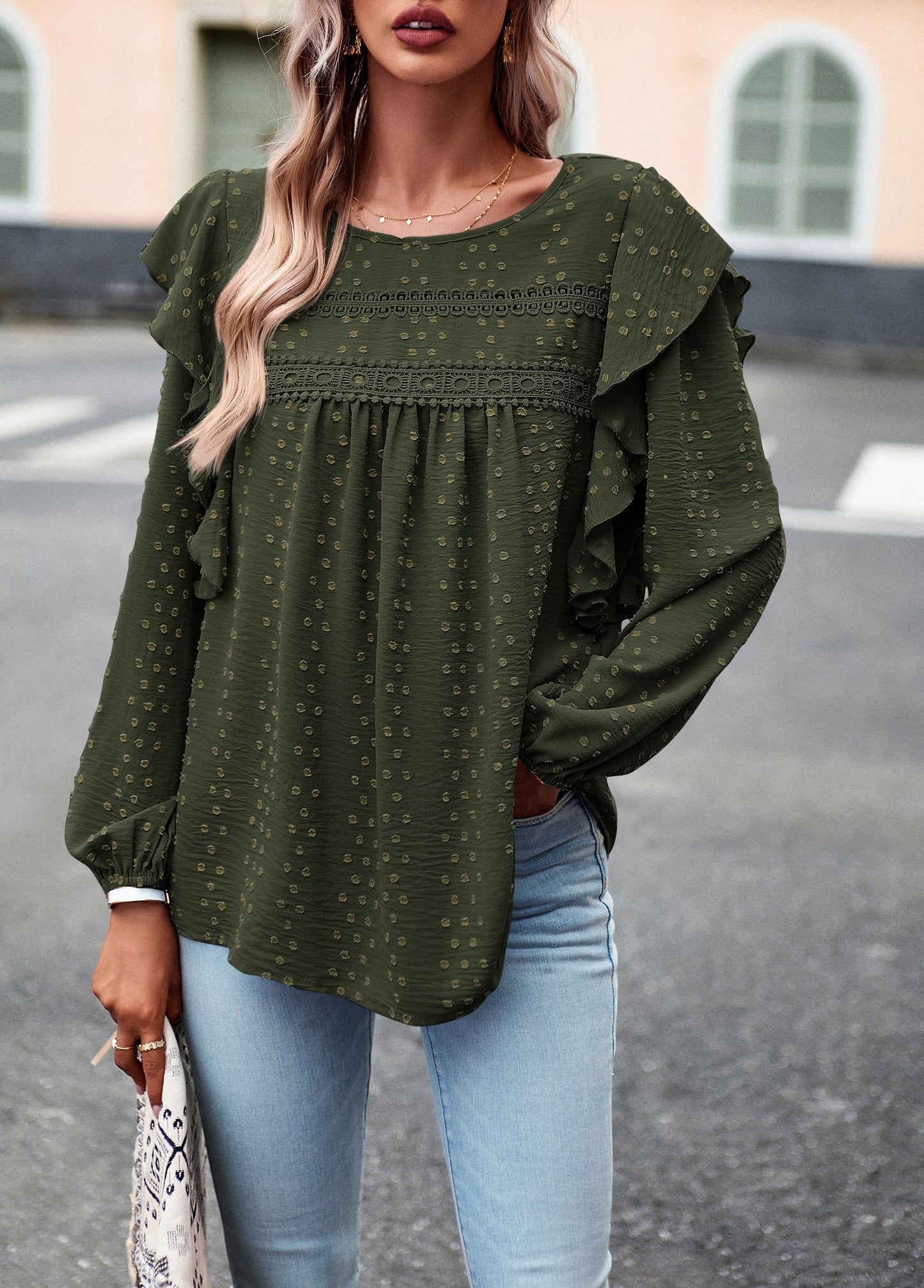 Women's Long Sleeve Blouses Ruffle Swiss Dot Crochet Loose Fit