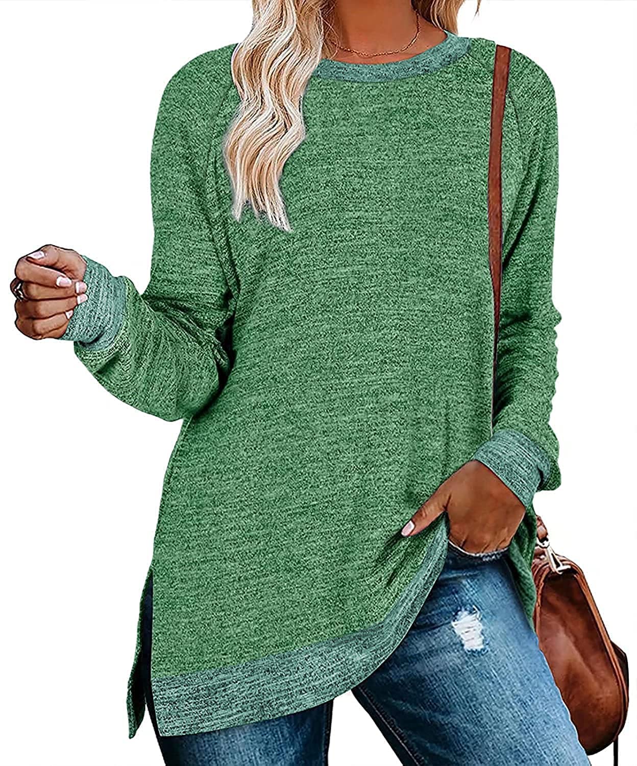 Womens Crewneck Pullovers Color Block Long Sleeve Side Split Tunic Tops