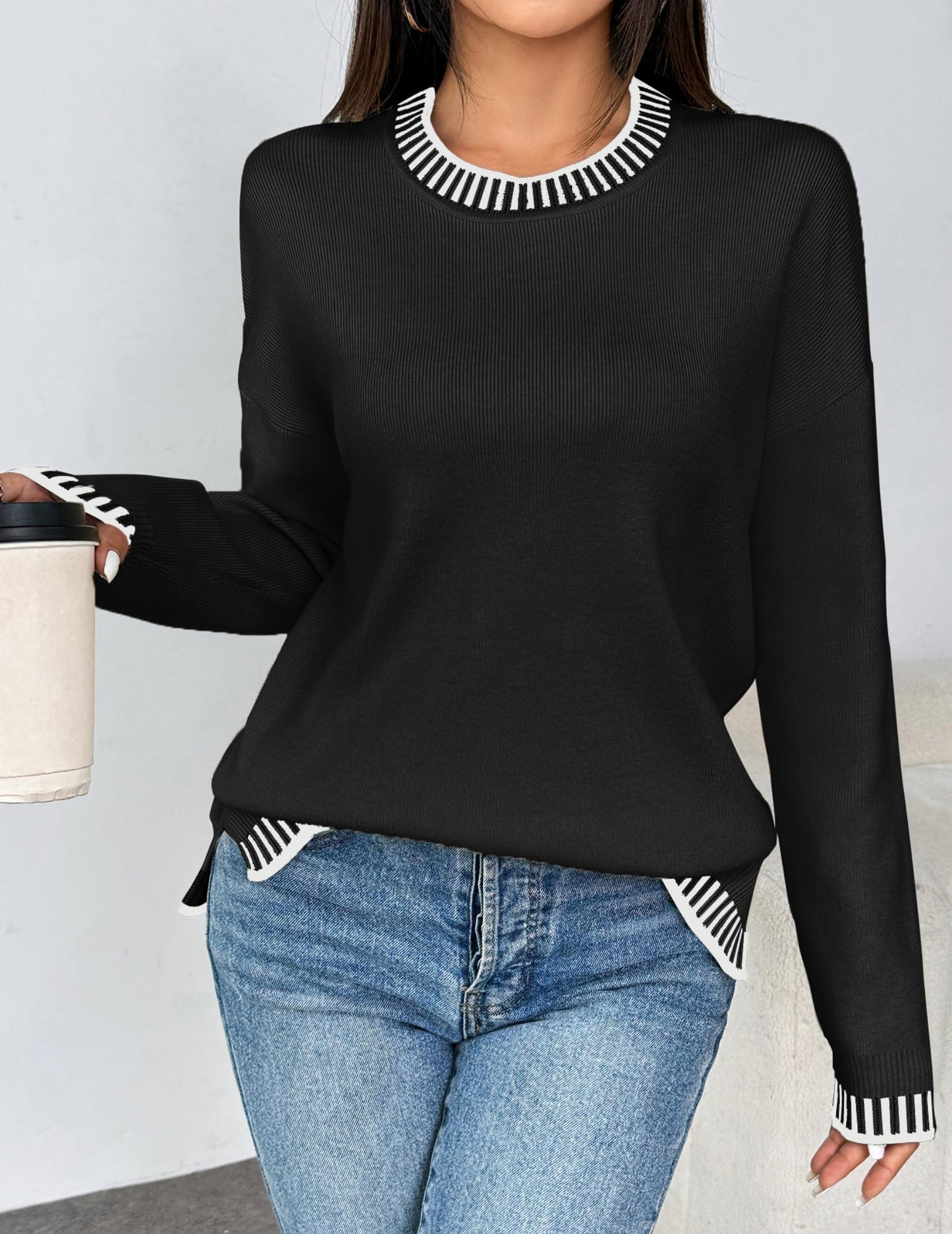 Womens Crewneck Pullover Sweater Long Sleeve Knit Side Slit