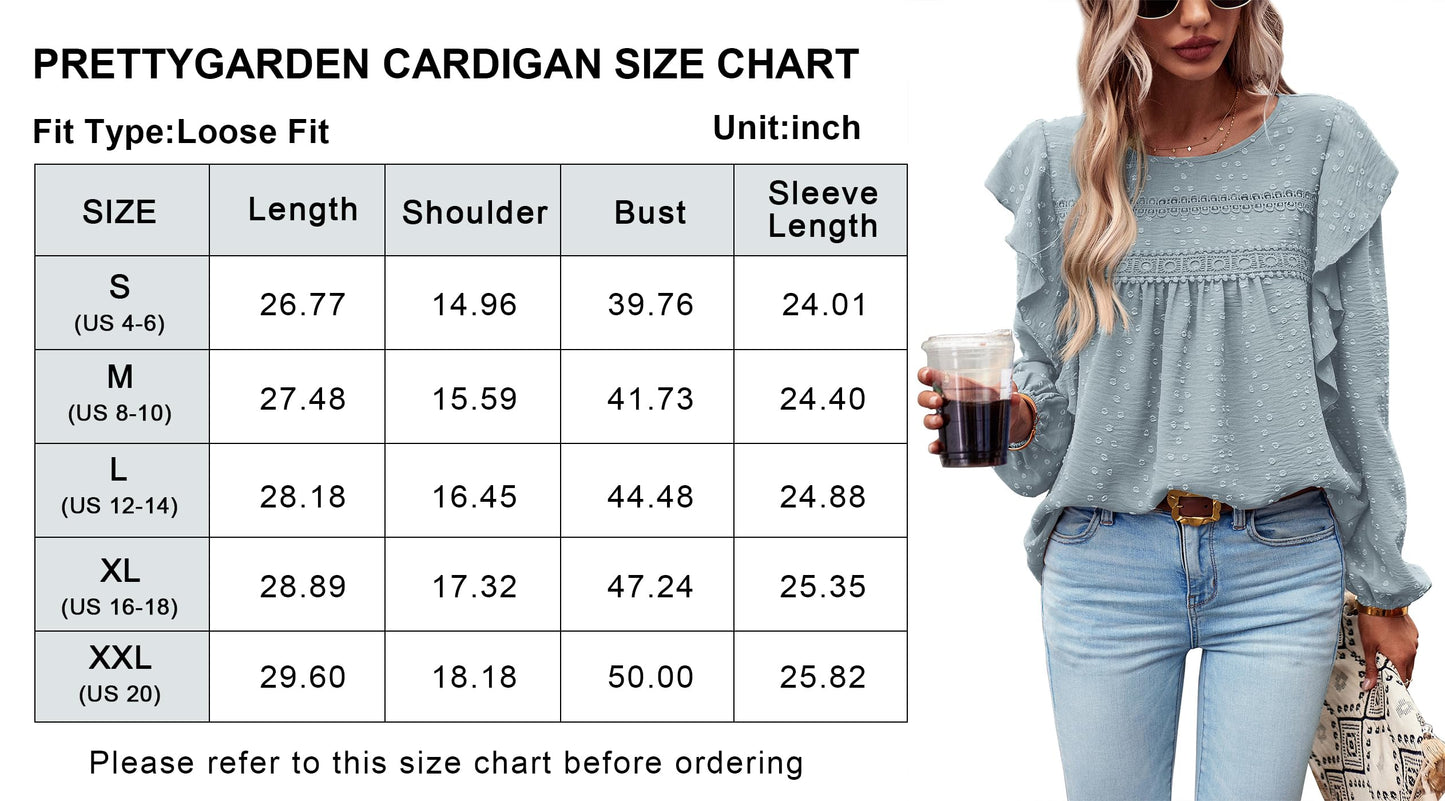 Women's Long Sleeve Blouses Ruffle Swiss Dot Crochet Loose Fit