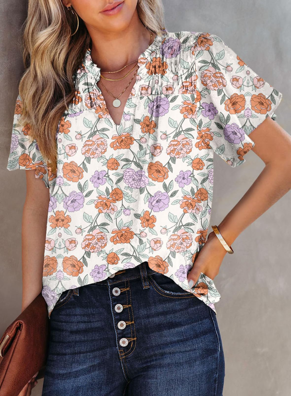 Women's Casual V Neck Floral Print Smocked Short Sleeve Chiffon Blouses Bohemian Top Shirts