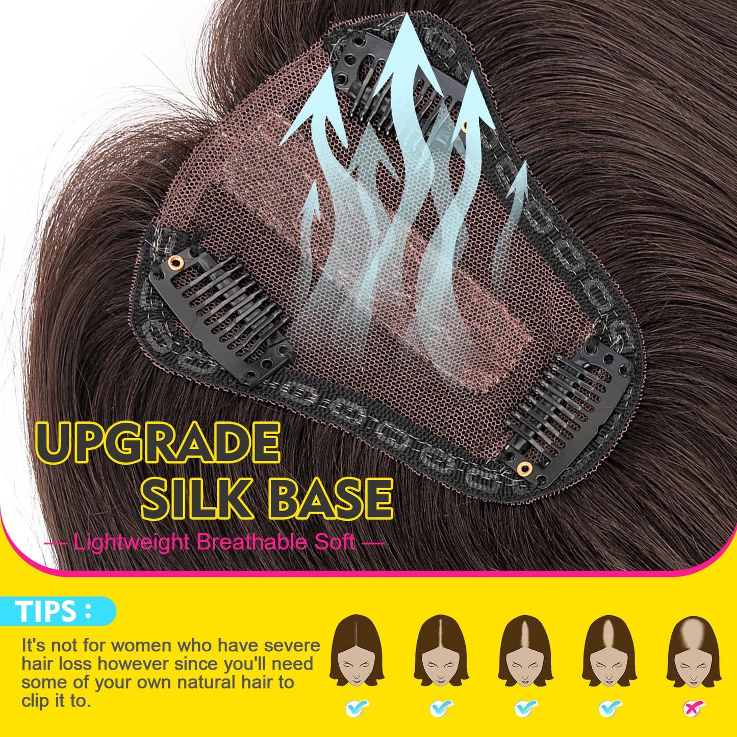 Human Hair Toppers for Women Real Human Hair No Bangs Toppers Hair Pieces for Women with Thinning Hair Upgraded Silk Base 10in. Clip In