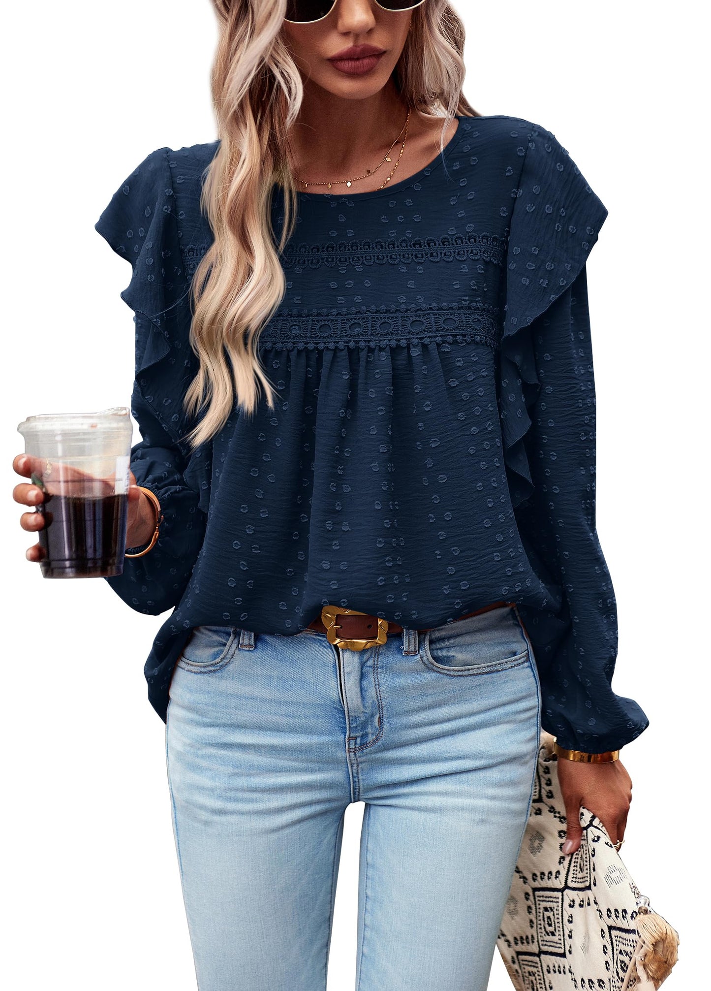 Women's Long Sleeve Blouses Ruffle Swiss Dot Crochet Loose Fit