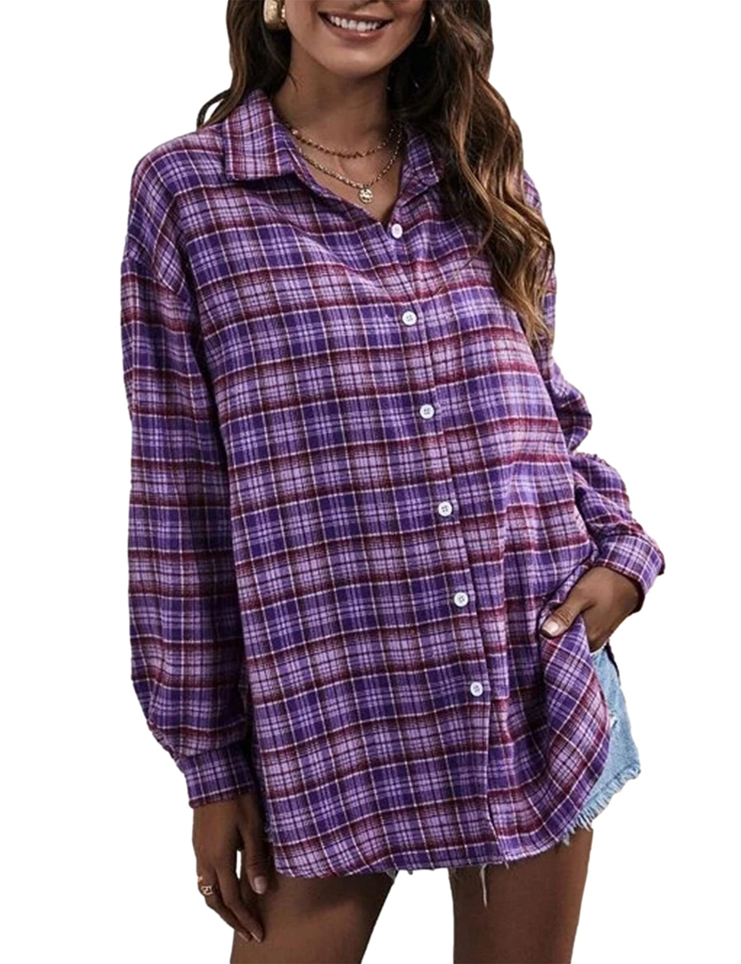 Plaid Flannel Shirts for Women Oversized Long Sleeve Button Down Buffalo Plaid Shirt Blouse Tops