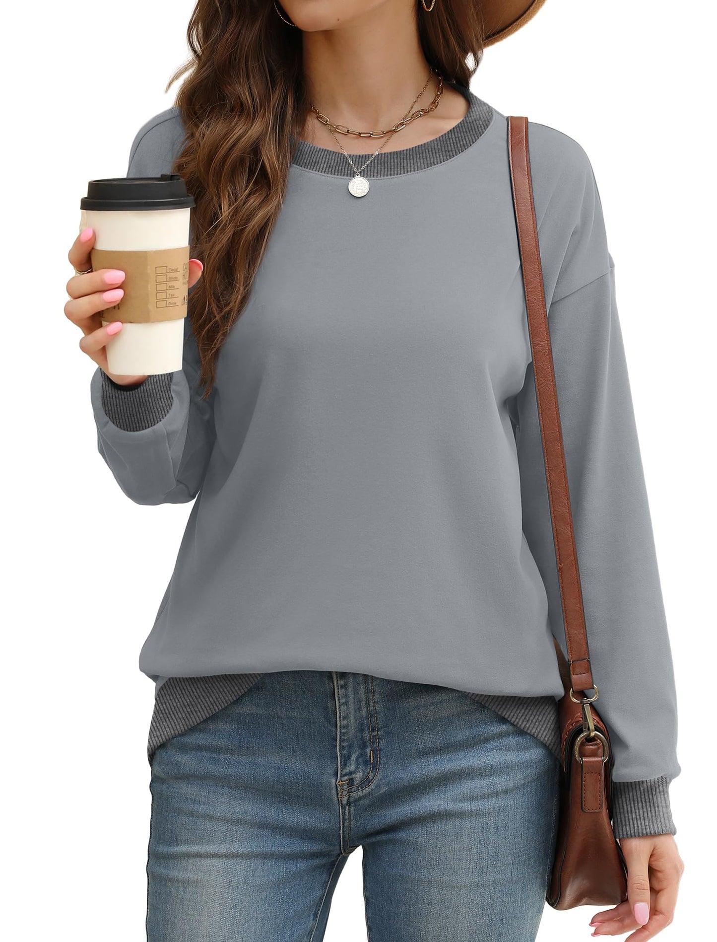 Sweatshirts for Women Crewneck Long Sleeve Loose Fit Tops Color Block Ribbed Trim Fashion