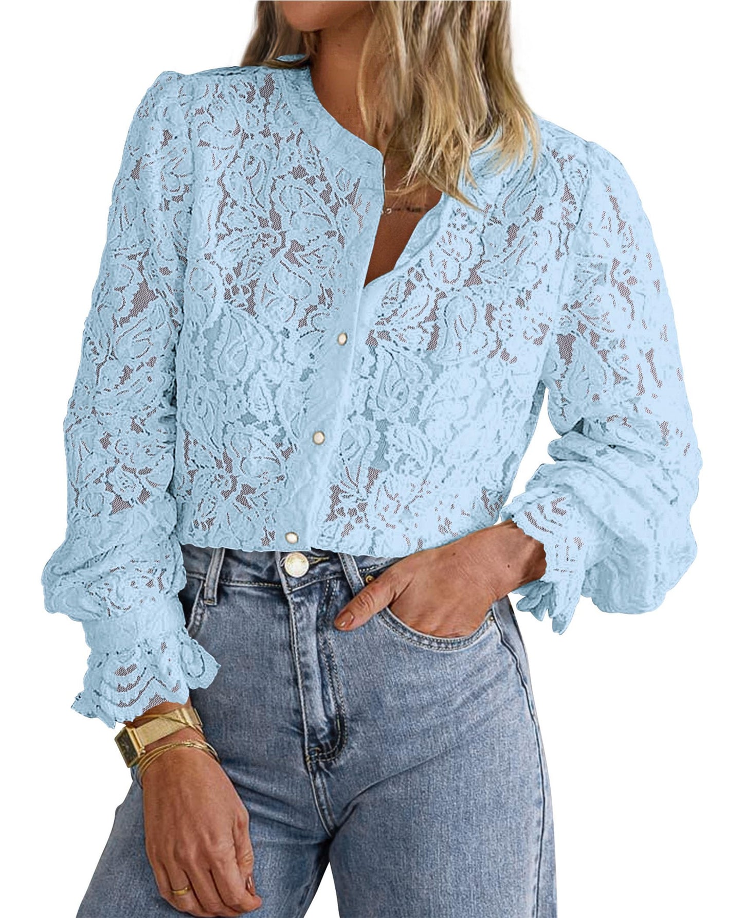 Women's Dressy Casual Lace Blouse Long Sleeve Button Up Shirts Tops