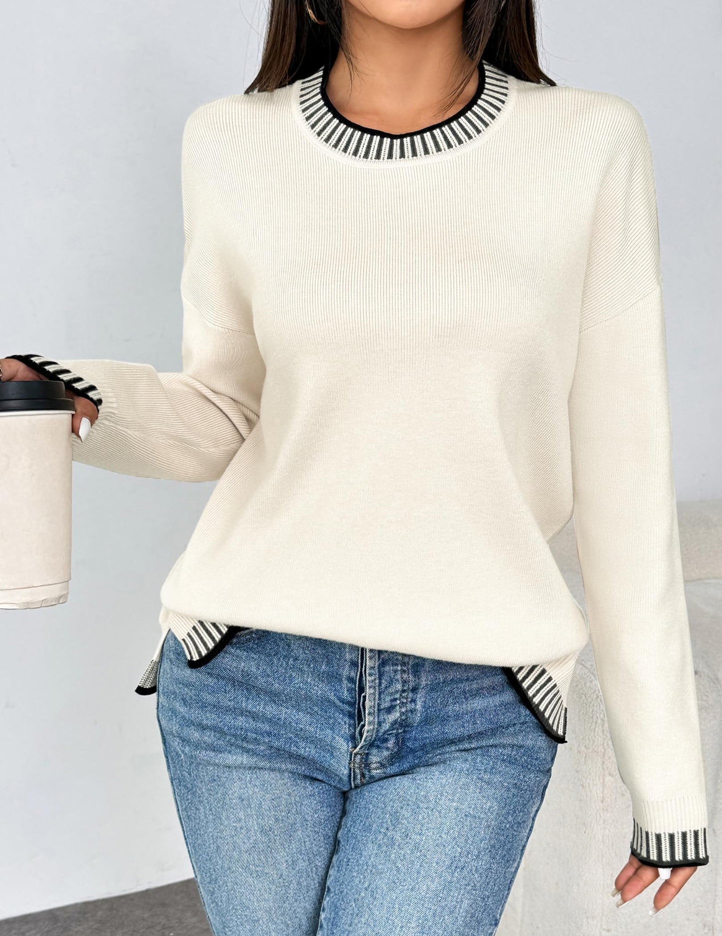 Womens Crewneck Pullover Sweater Long Sleeve Knit Side Slit