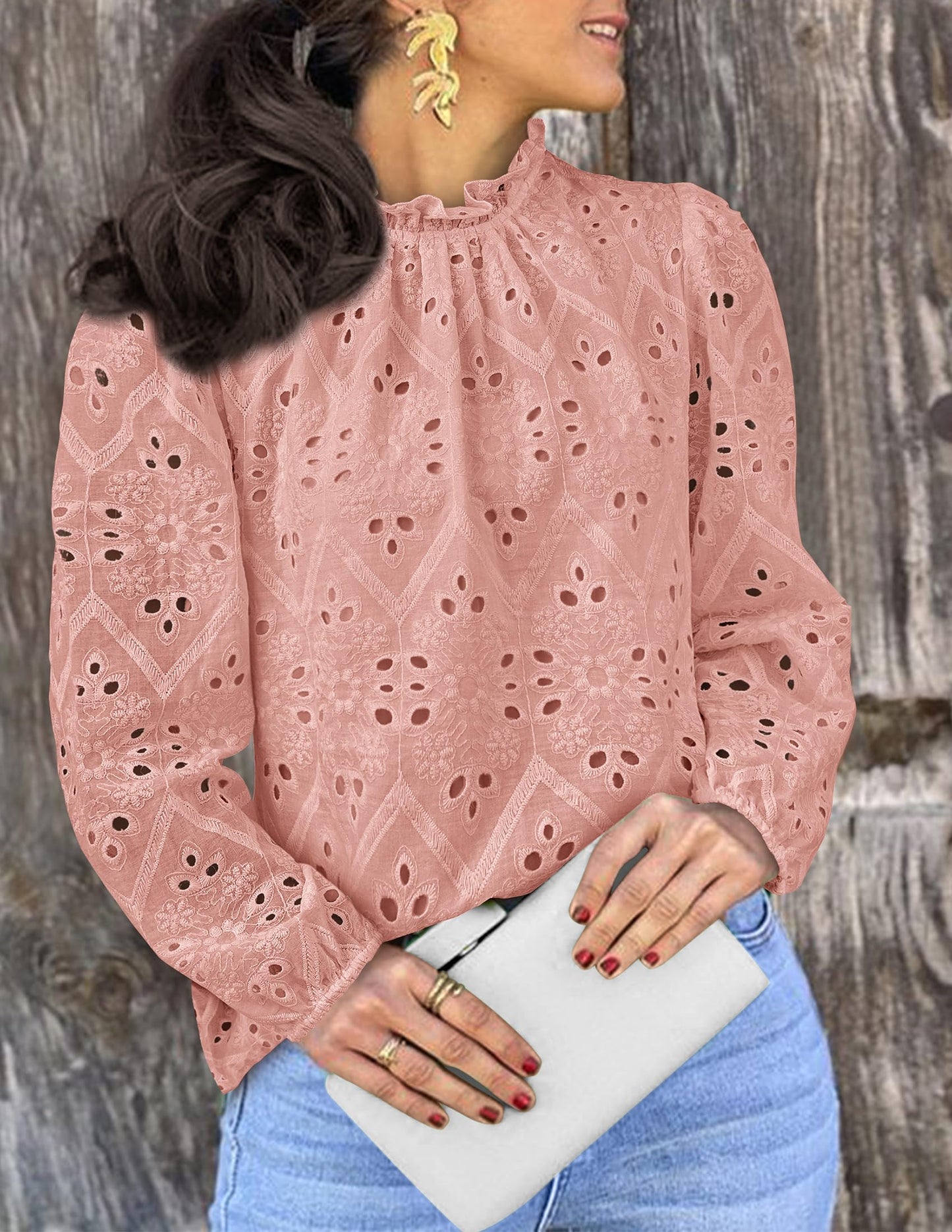 Women’s Blouses Dressy Casual Embroidered Long Puff Sleeve Shirts Ruffle Eyelet Lace Top