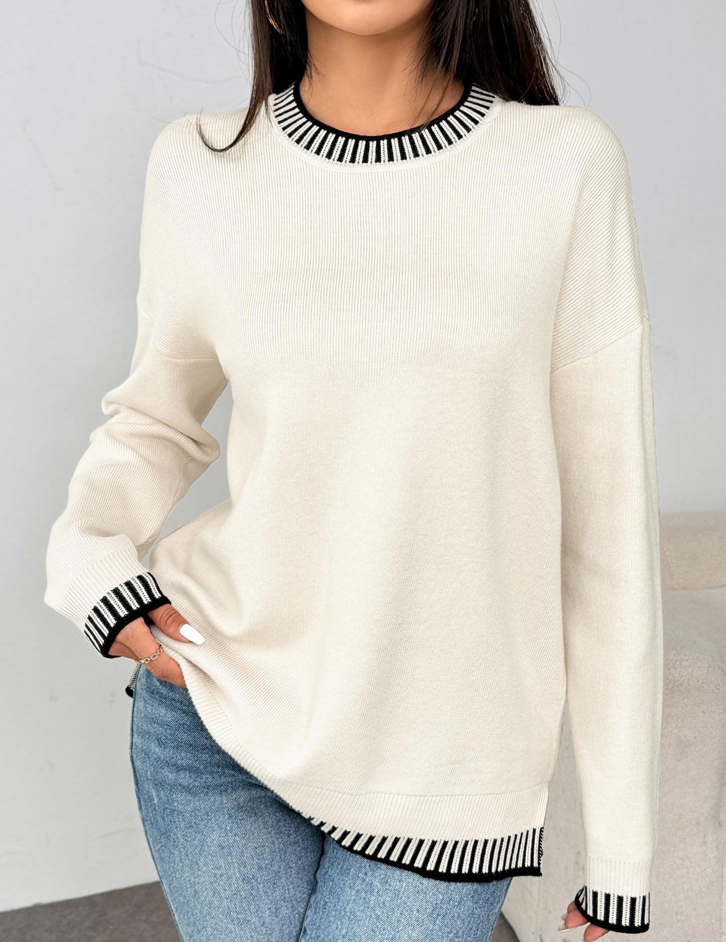 Womens Crewneck Pullover Sweater Long Sleeve Knit Side Slit