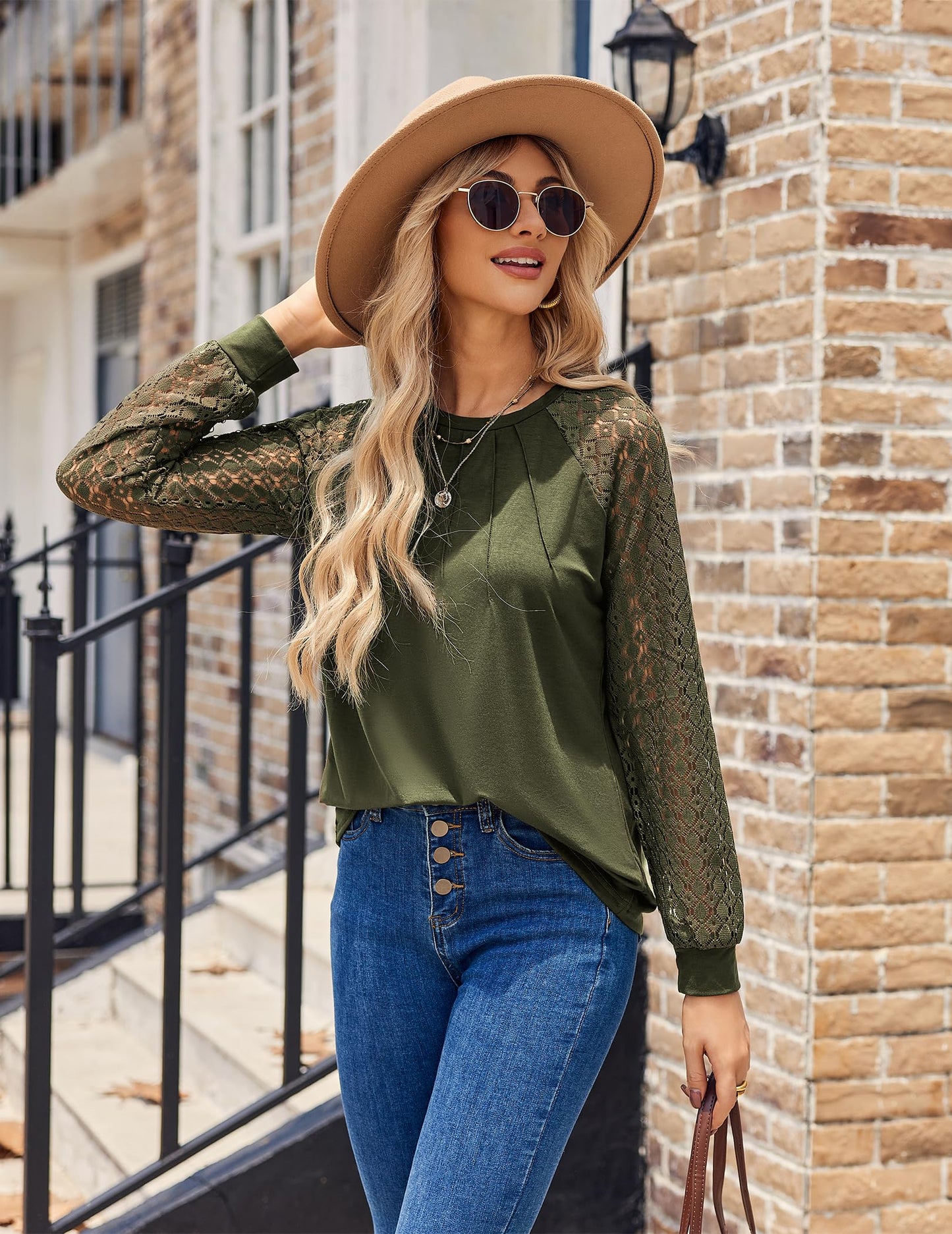 Women's Lace Long Sleeve Tops Dressy Business Casual Blouses Front Pleated Work Shirts