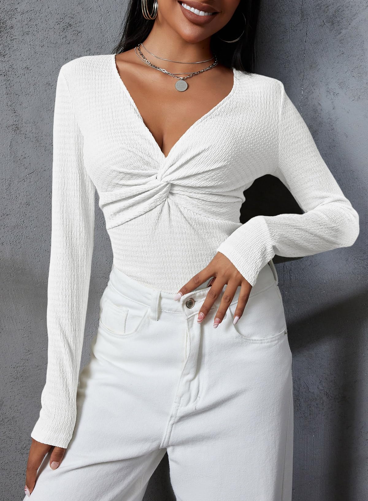 Long Sleeve Tops for Women Fall 2024 Womens V Neck Sexy T Shirts for Women Fitted Shirts Tight Basic Tee