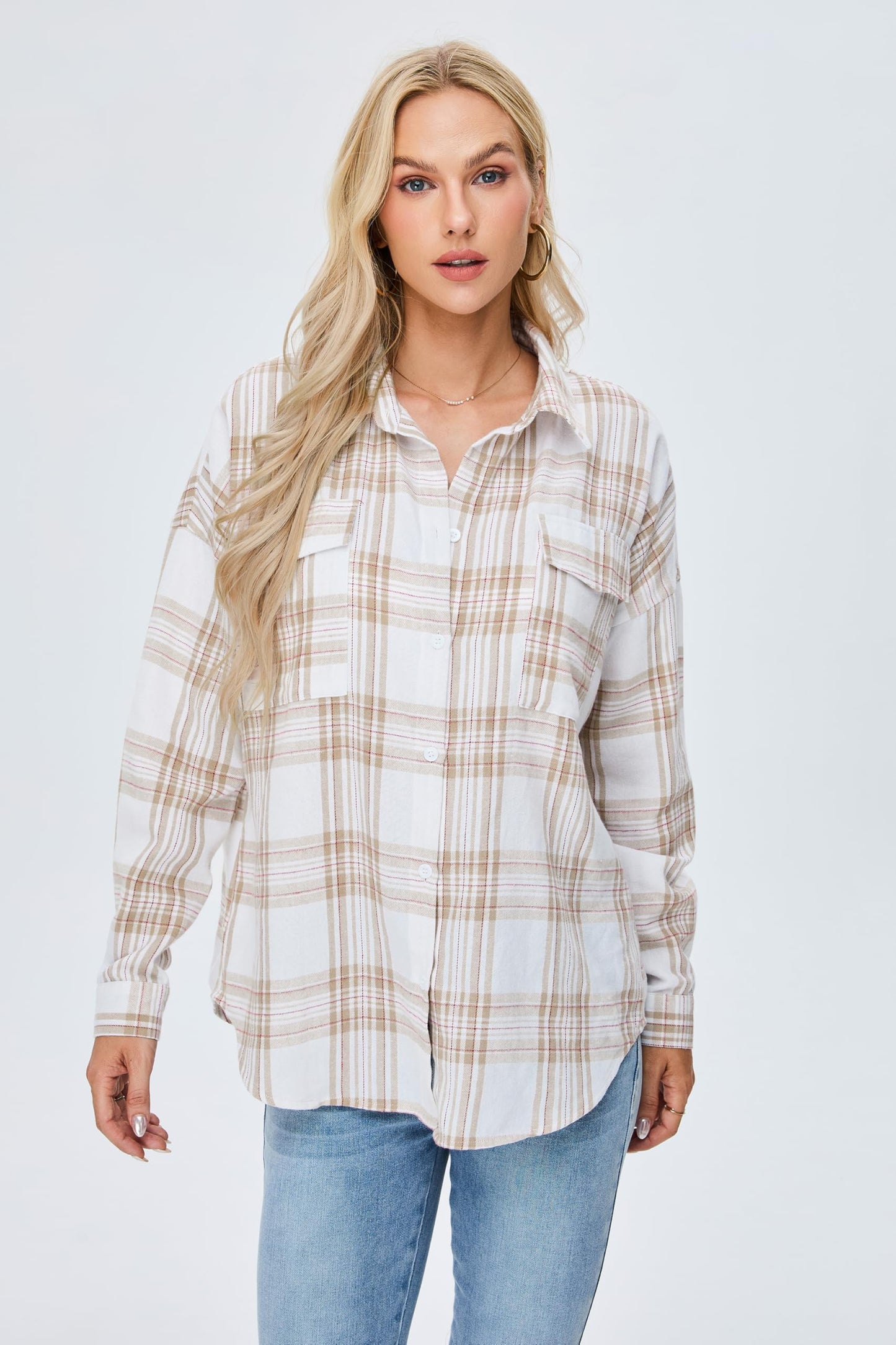 Women's Button Down Flannel Shirts Plaid Shacket Long Sleeve Collared Business Casual Tops Work Blouses