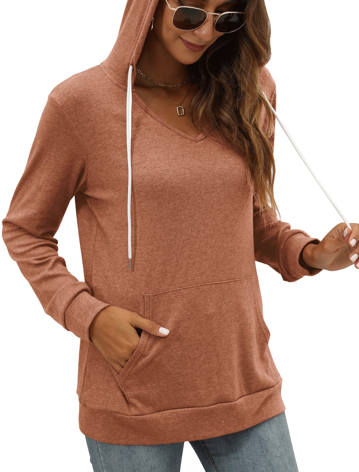 Pocket Hoodies for Womens V Neck Lightweight Sweatshirts Long Sleeve Tops