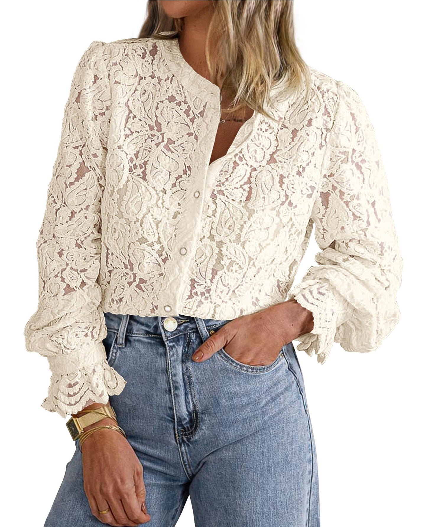 Women's Dressy Casual Lace Blouse Long Sleeve Button Up Shirts Tops