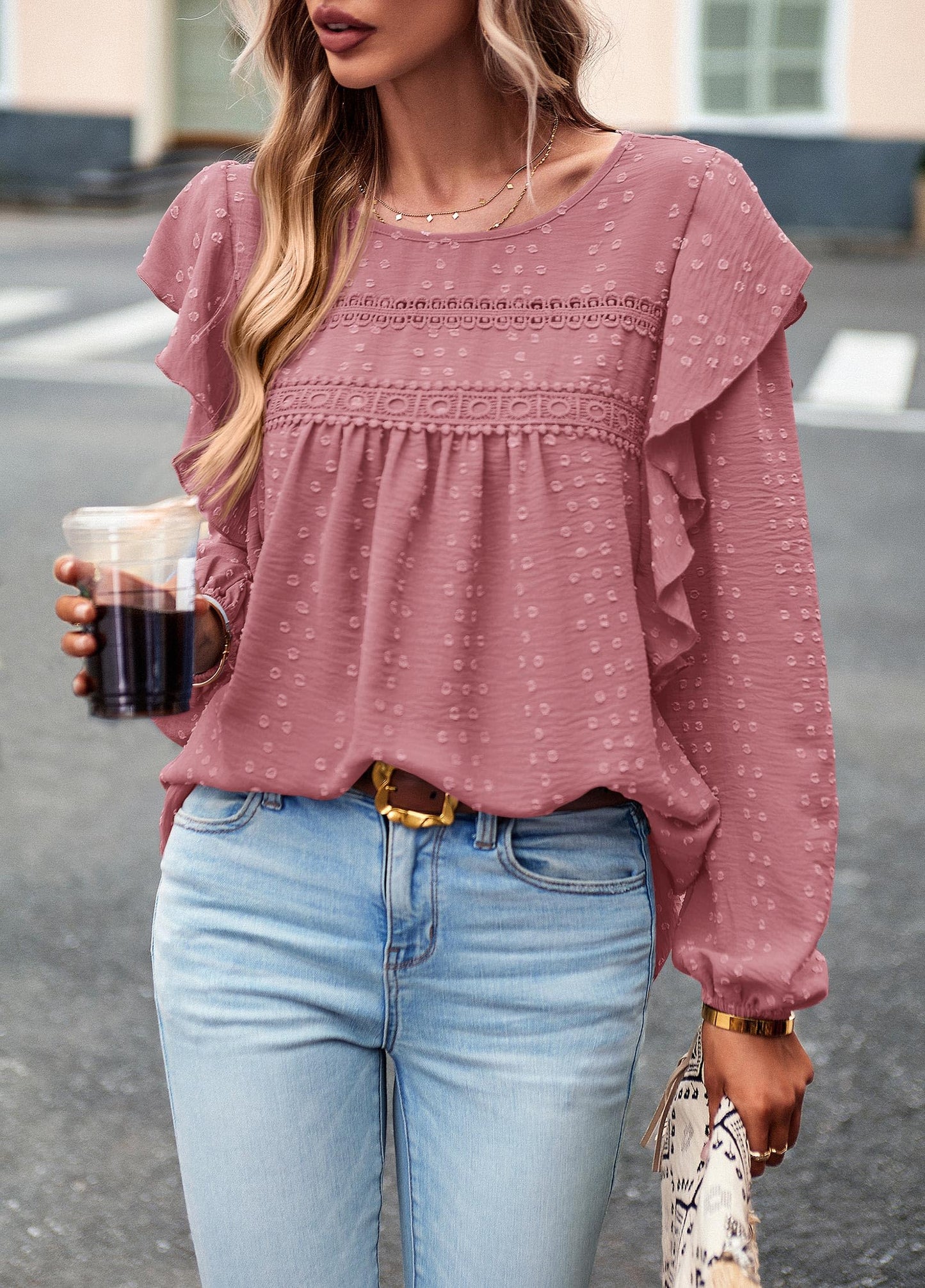 Women's Long Sleeve Blouses Ruffle Swiss Dot Crochet Loose Fit