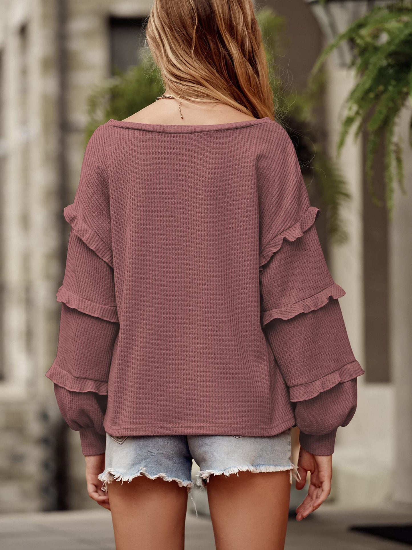 Women’s V Neck Long Sleeve Blouse Loose Fit Tunics Ruffles Off Shoulder Waffle Knit Solid Color Tops