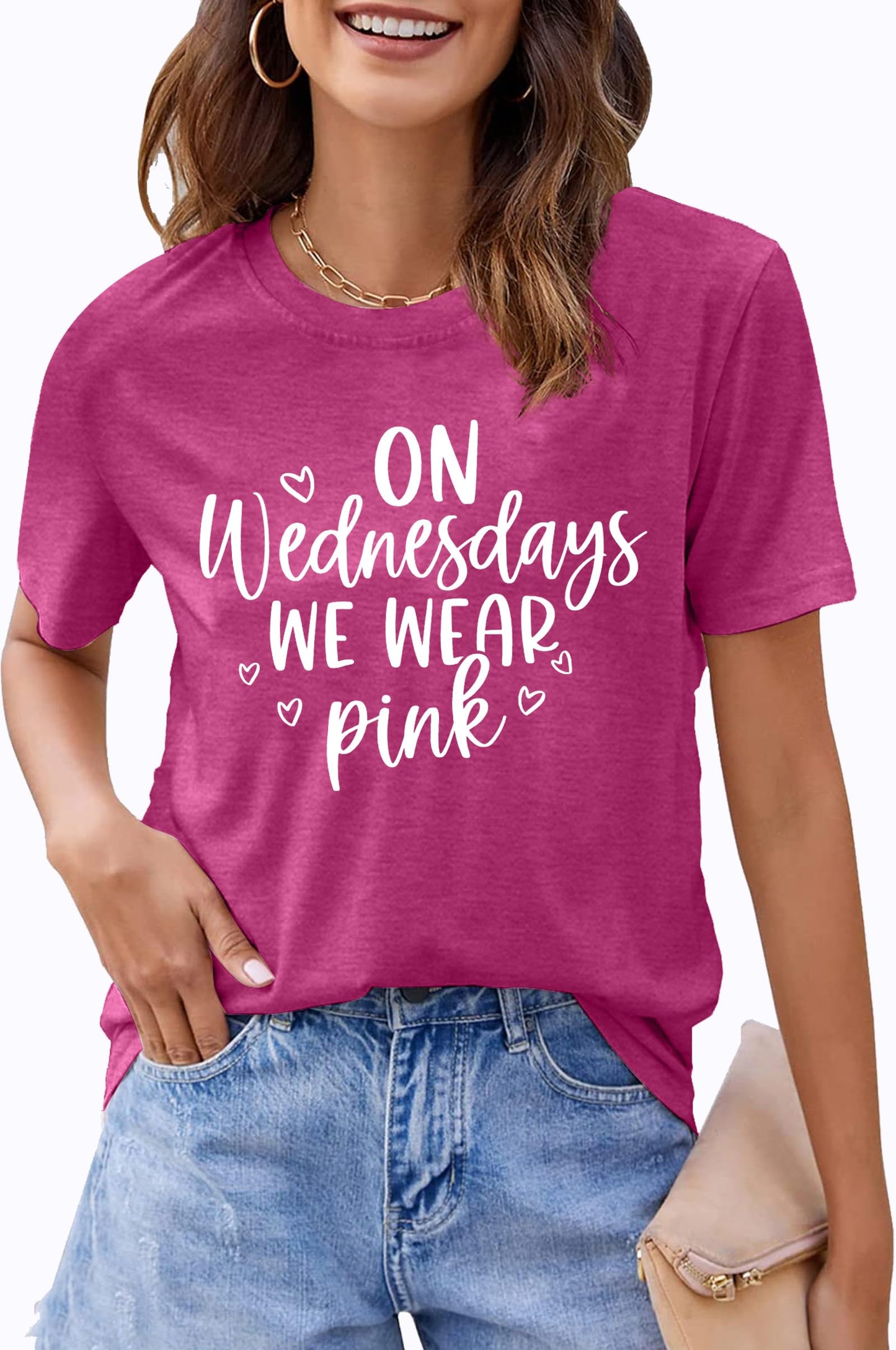 On Wednesday We Wear Pink Shirt Women Breast Cancer T Shirt Short Sleeve Print Tees Gifts for Girls Matching Outfits Top