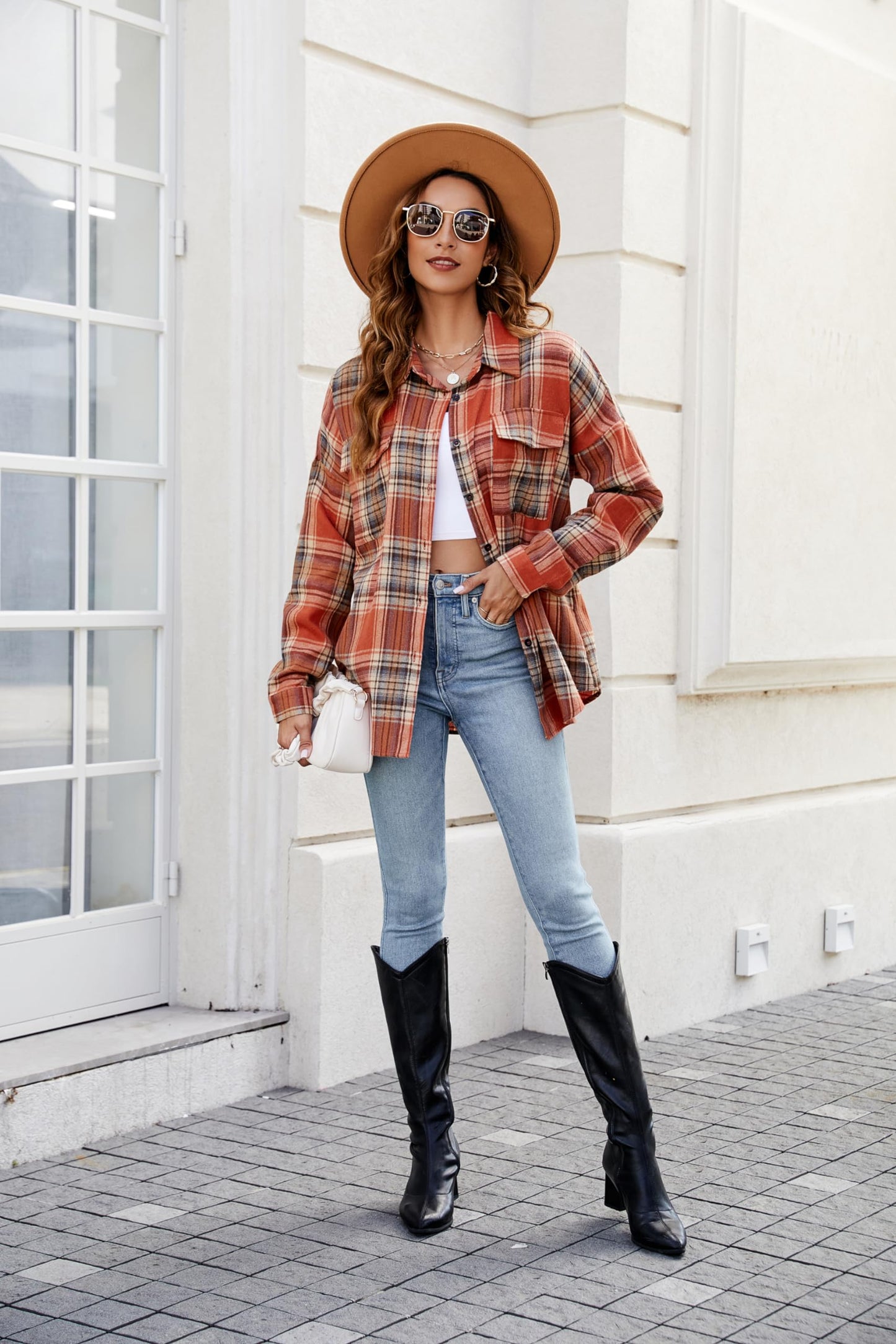 Women's Button Down Flannel Shirts Plaid Shacket Long Sleeve Collared Business Casual Tops Work Blouses