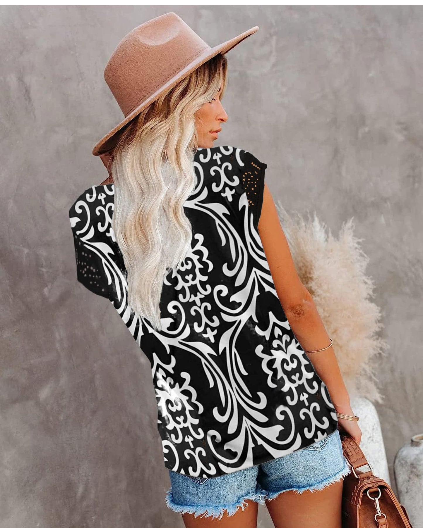 Womens Cap Sleeve Tops 2024 Trendy Floral Print Summer Tops Loose Fit Lace T Shirts Blouses