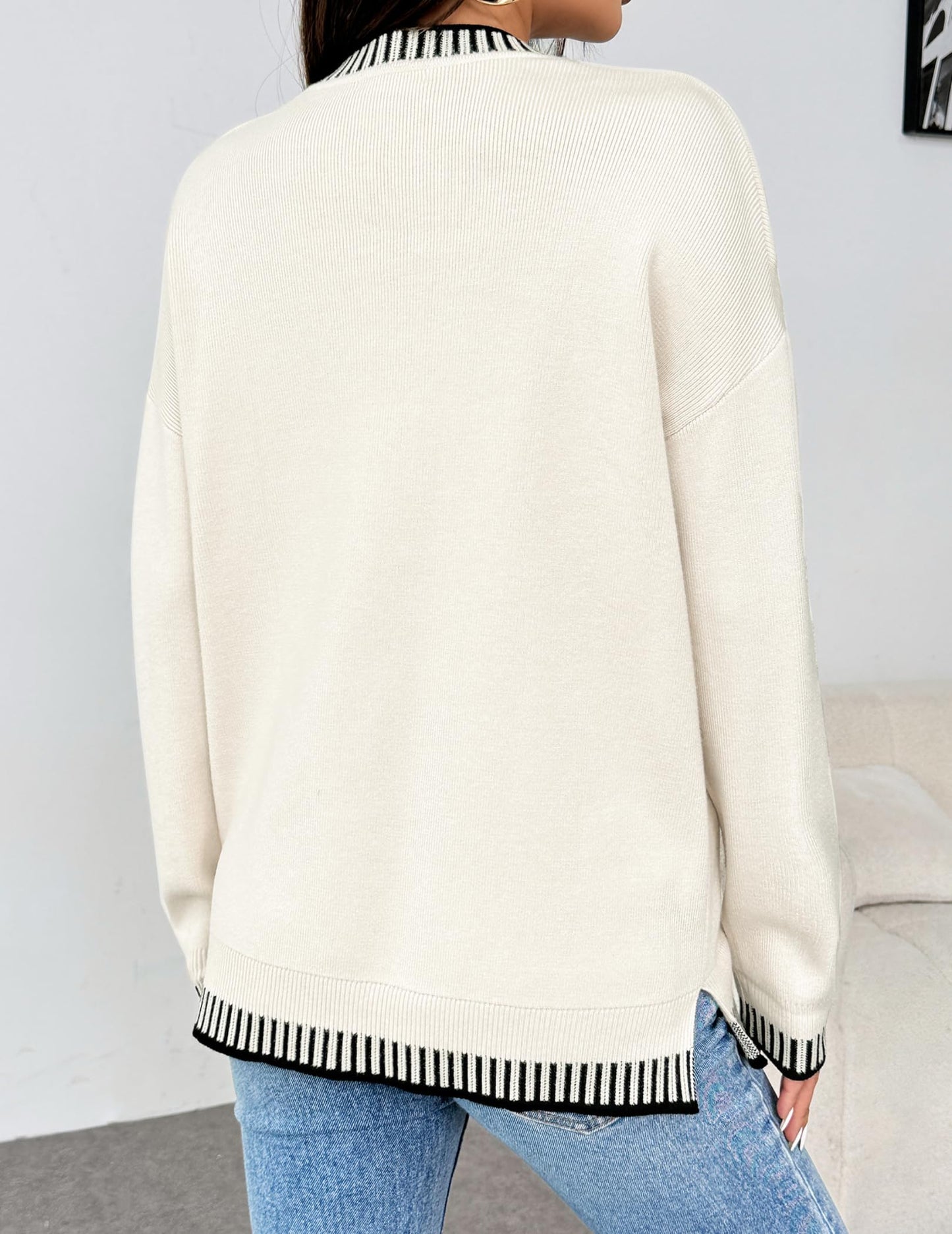 Womens Crewneck Pullover Sweater Long Sleeve Knit Side Slit