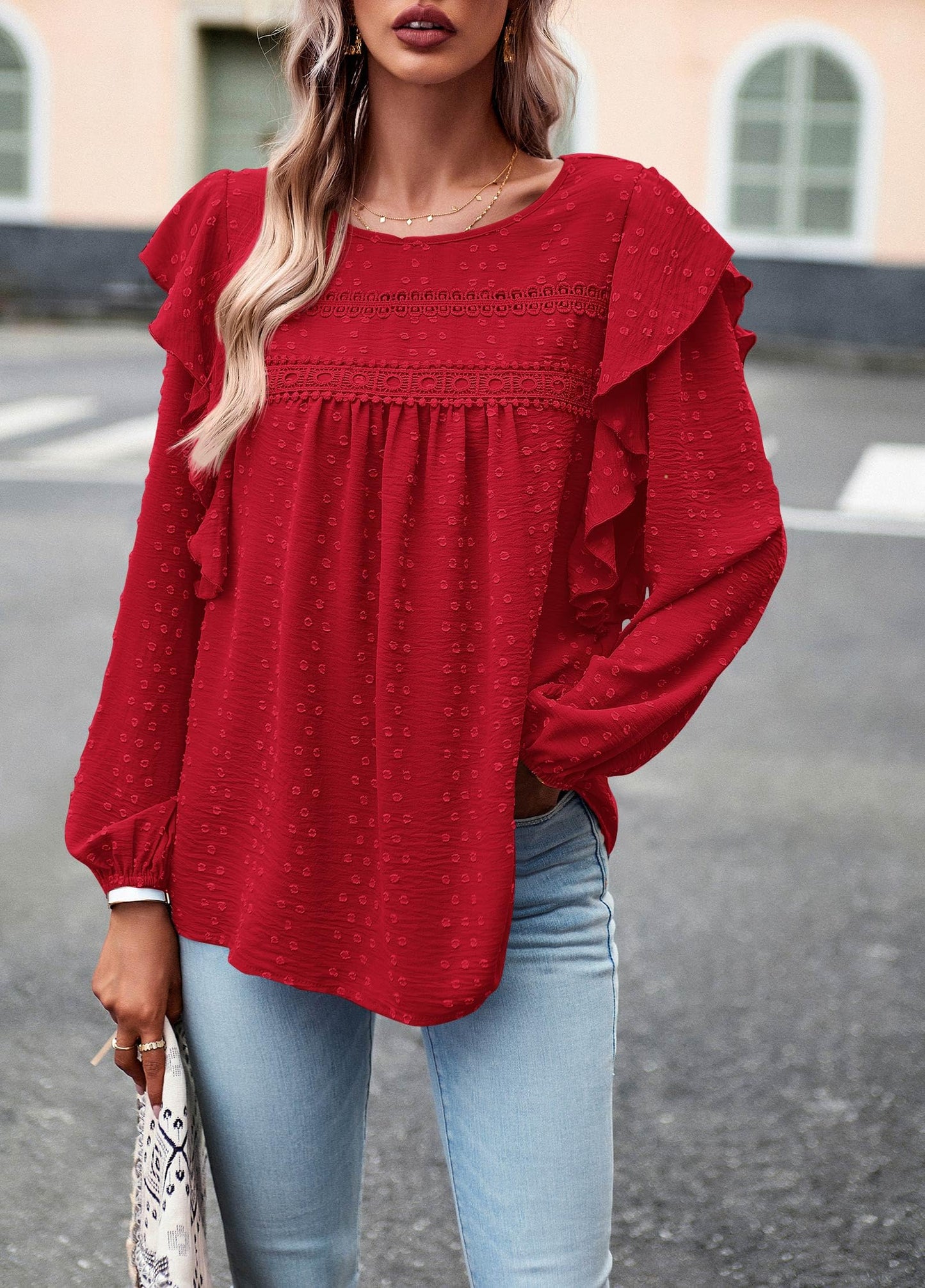 Women's Long Sleeve Blouses Ruffle Swiss Dot Crochet Loose Fit