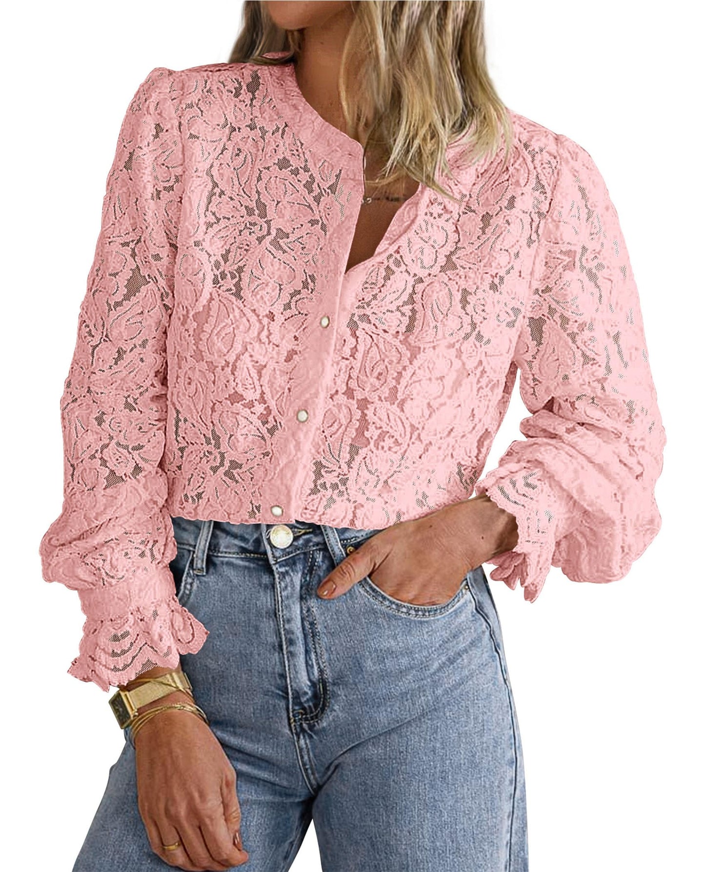 Women's Dressy Casual Lace Blouse Long Sleeve Button Up Shirts Tops