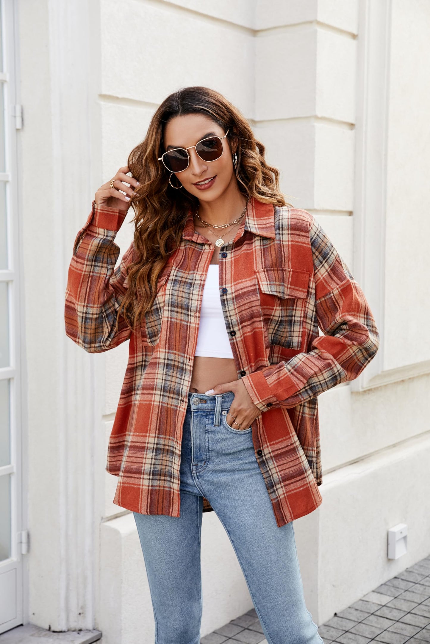 Women's Button Down Flannel Shirts Plaid Shacket Long Sleeve Collared Business Casual Tops Work Blouses
