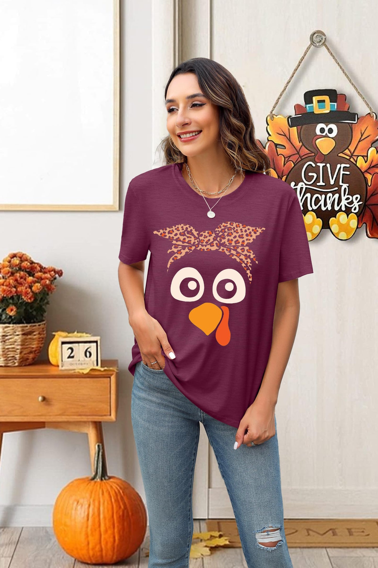 Turkey Shirts for Women Thanksgiving Shirt Funny Turkey Face Graphic Shirts Cute Fall Holiday Tee Tops