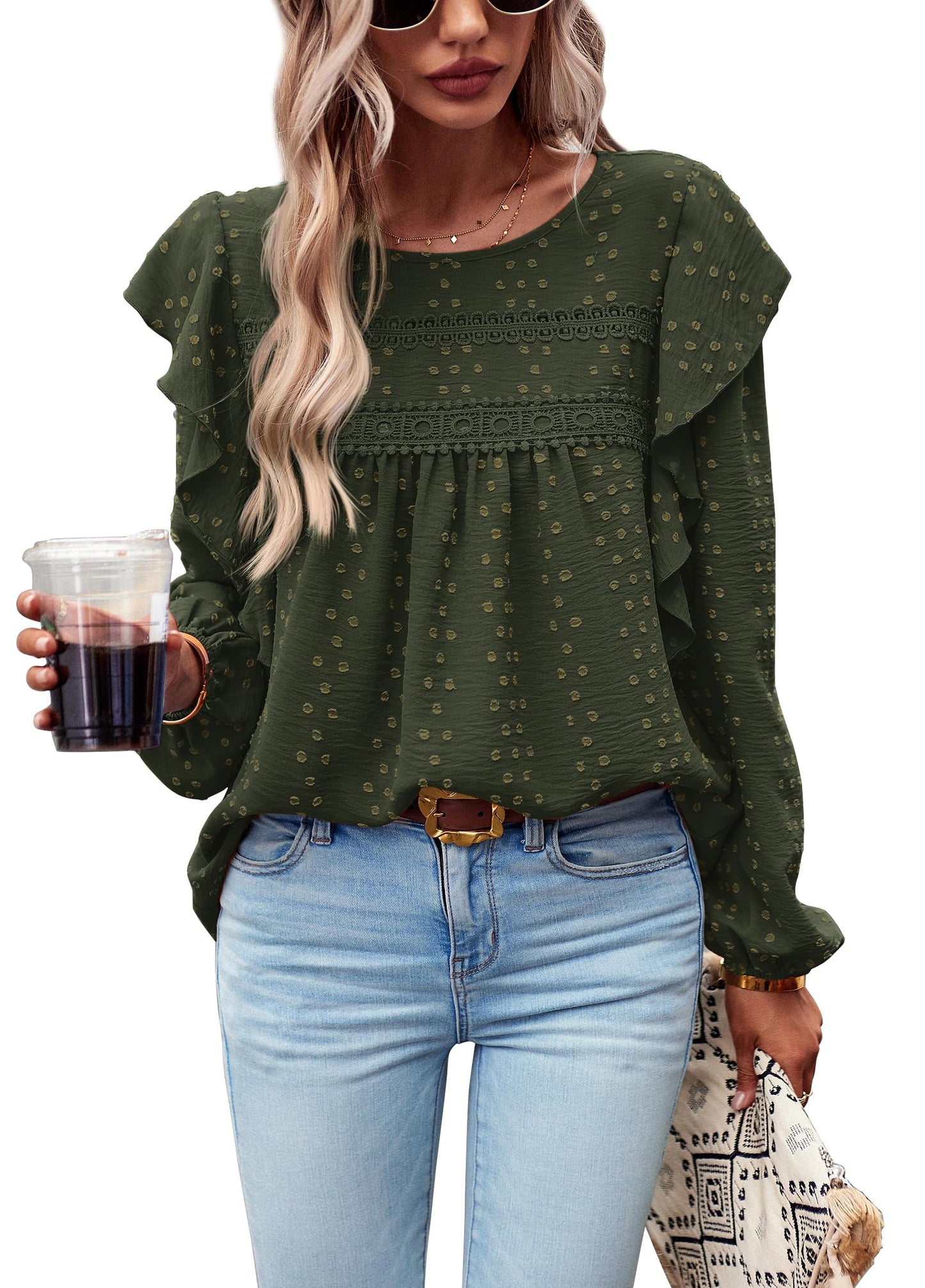 Women's Long Sleeve Blouses Ruffle Swiss Dot Crochet Loose Fit