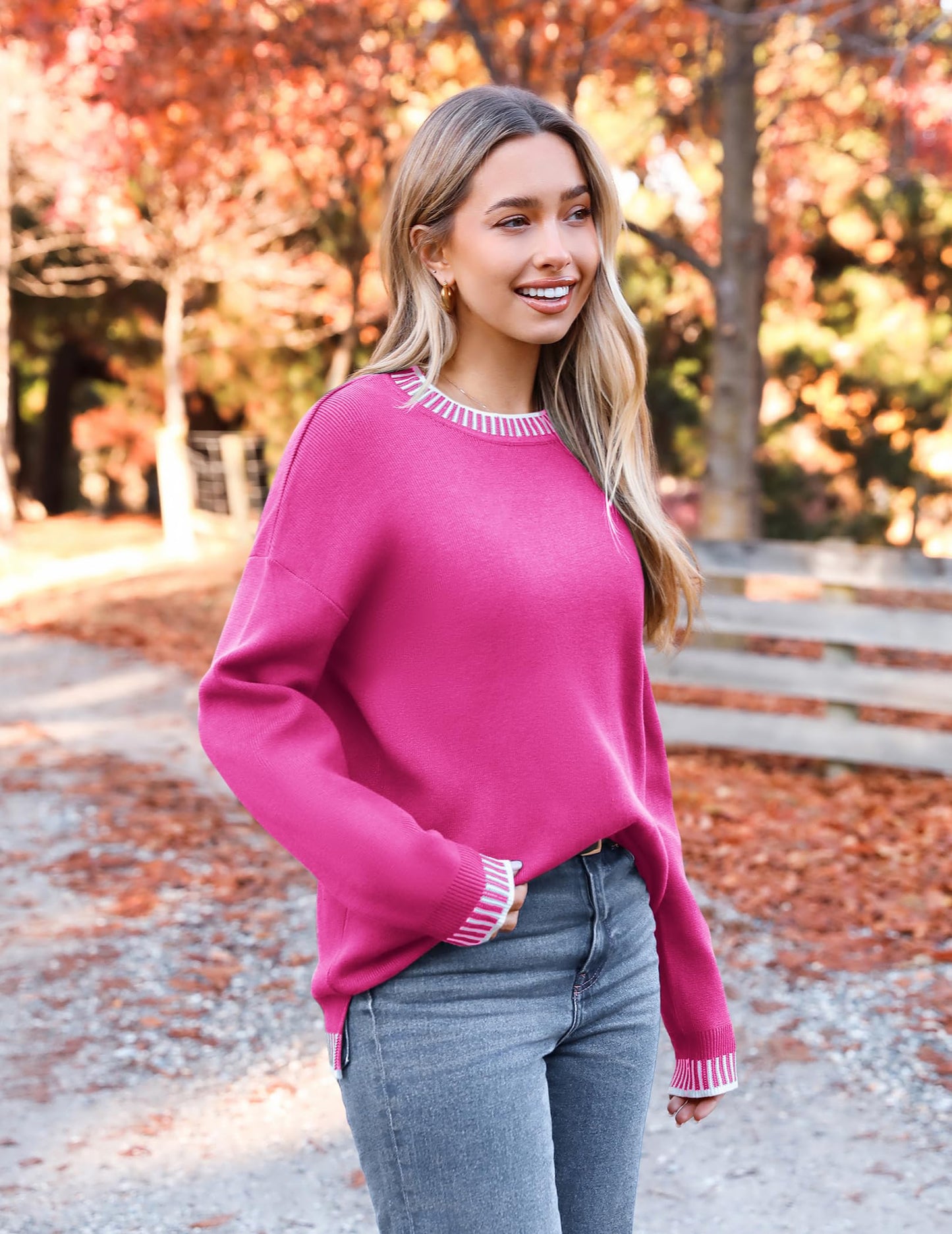 Womens Crewneck Pullover Sweater Long Sleeve Knit Side Slit
