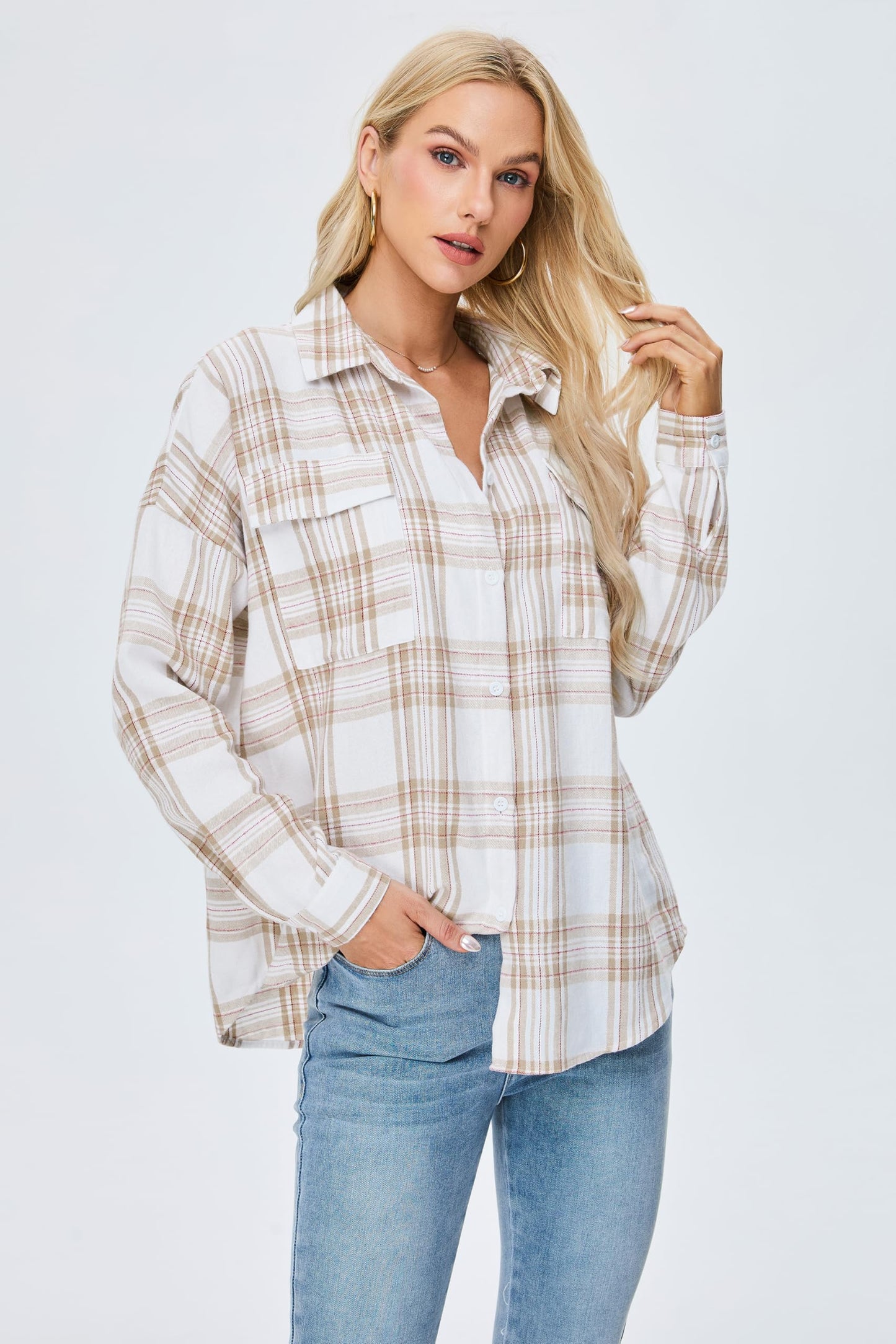 Women's Button Down Flannel Shirts Plaid Shacket Long Sleeve Collared Business Casual Tops Work Blouses