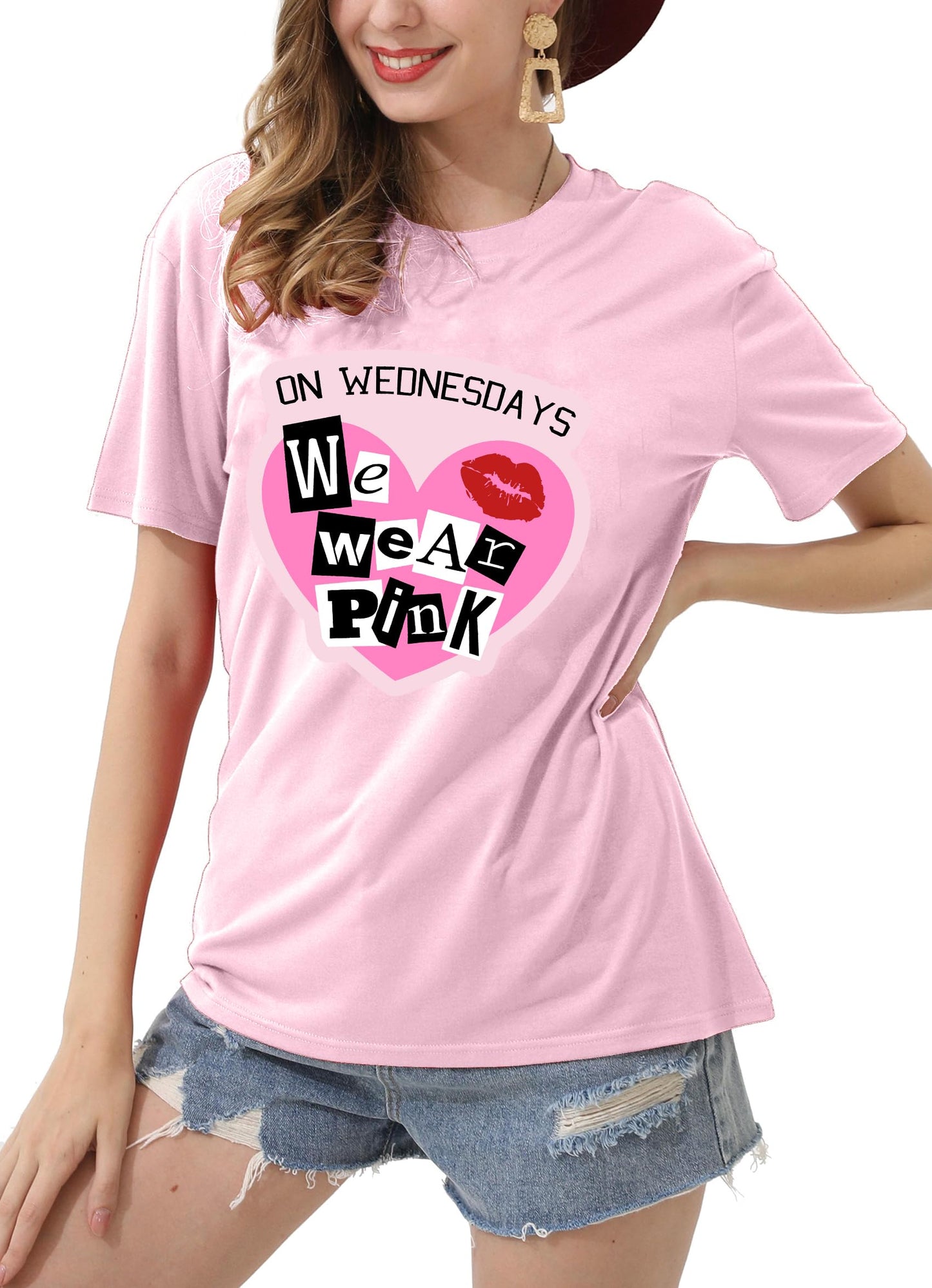 On Wednesday We Wear Pink Shirt Women Breast Cancer T Shirt Short Sleeve Print Tees Gifts for Girls Matching Outfits Top