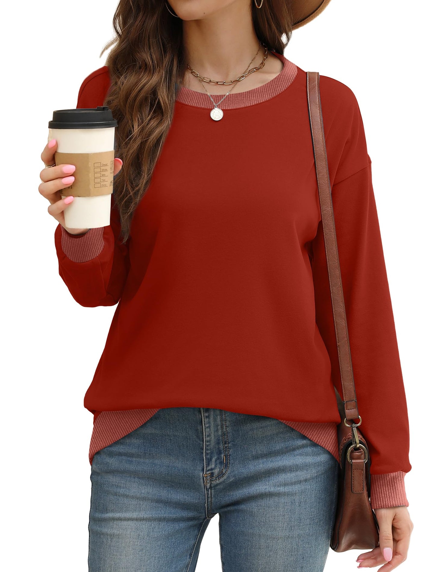 Sweatshirts for Women Crewneck Long Sleeve Loose Fit Tops Color Block Ribbed Trim Fashion