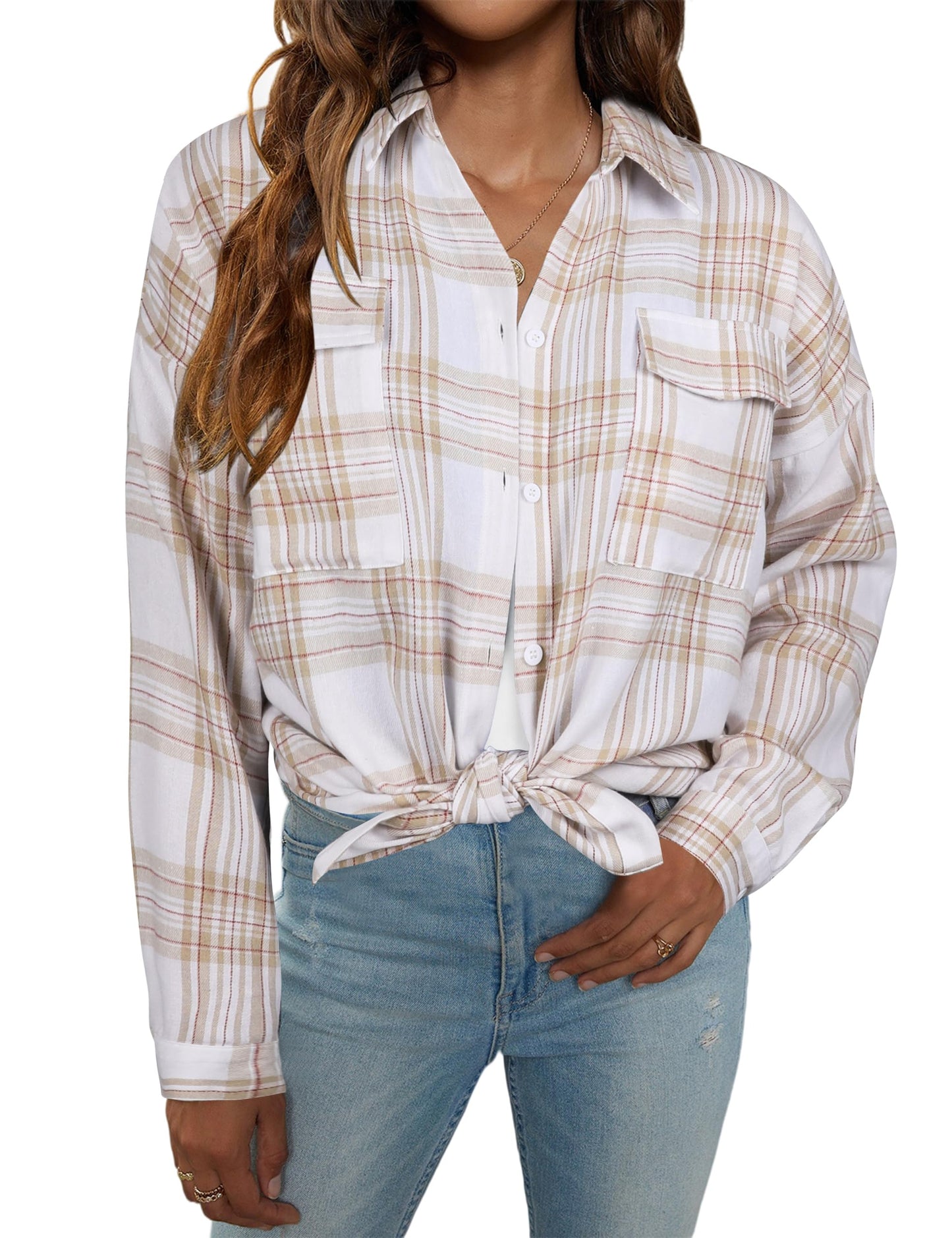 Women's Button Down Flannel Shirts Plaid Shacket Long Sleeve Collared Business Casual Tops Work Blouses
