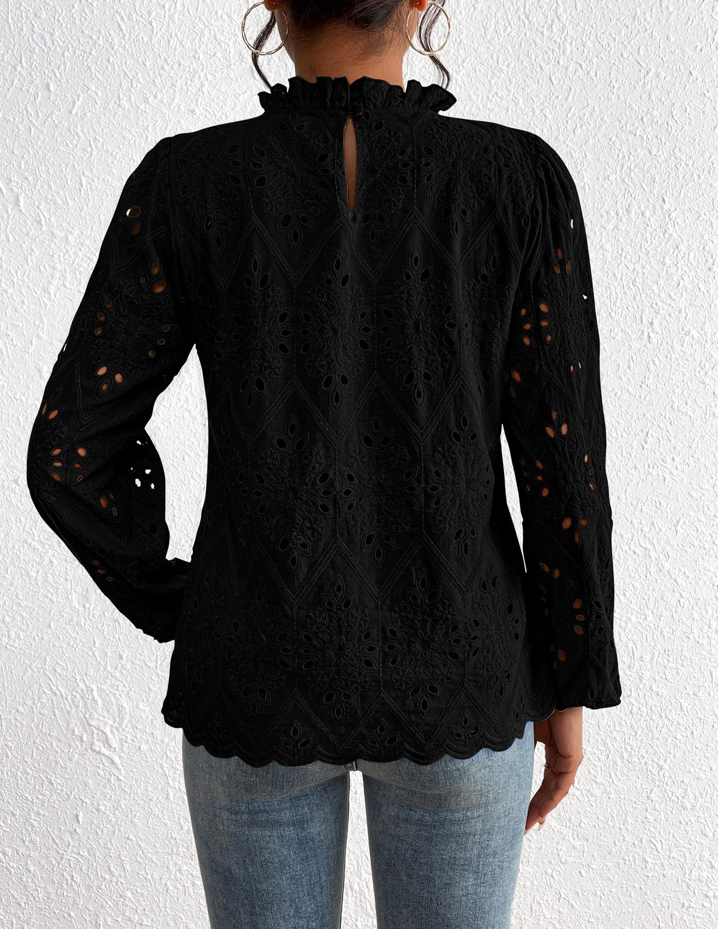 Women’s Blouses Dressy Casual Embroidered Long Puff Sleeve Shirts Ruffle Eyelet Lace Top
