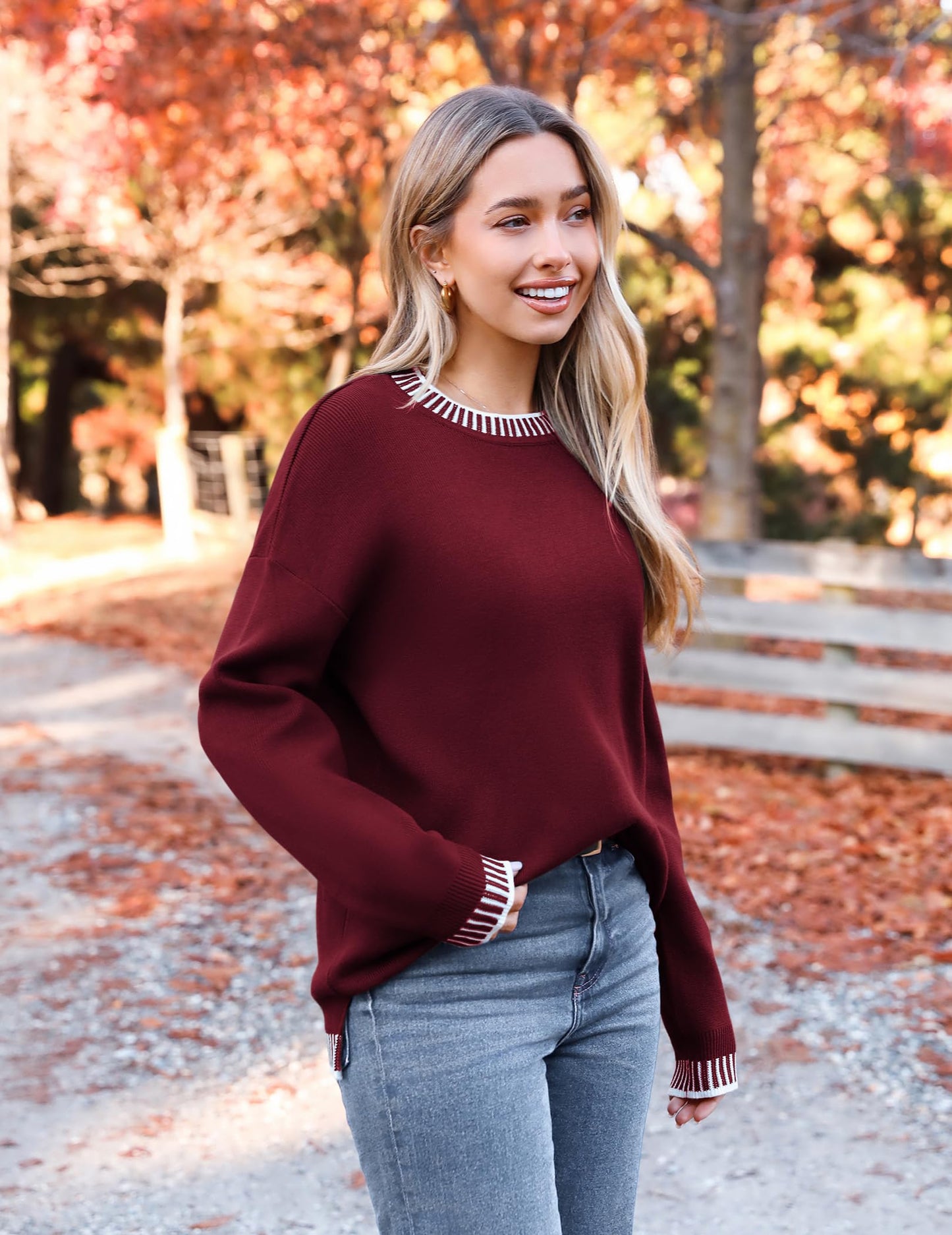 Womens Crewneck Pullover Sweater Long Sleeve Knit Side Slit