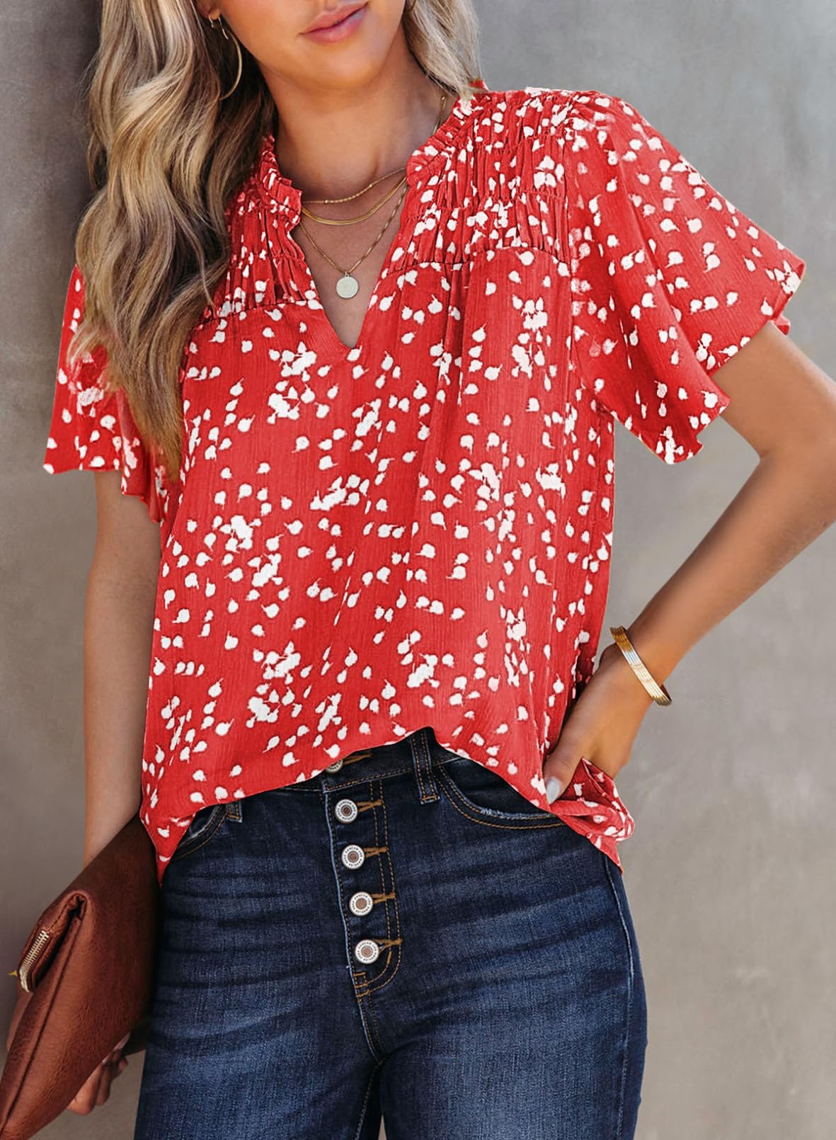 Women's Casual V Neck Floral Print Smocked Short Sleeve Chiffon Blouses Bohemian Top Shirts