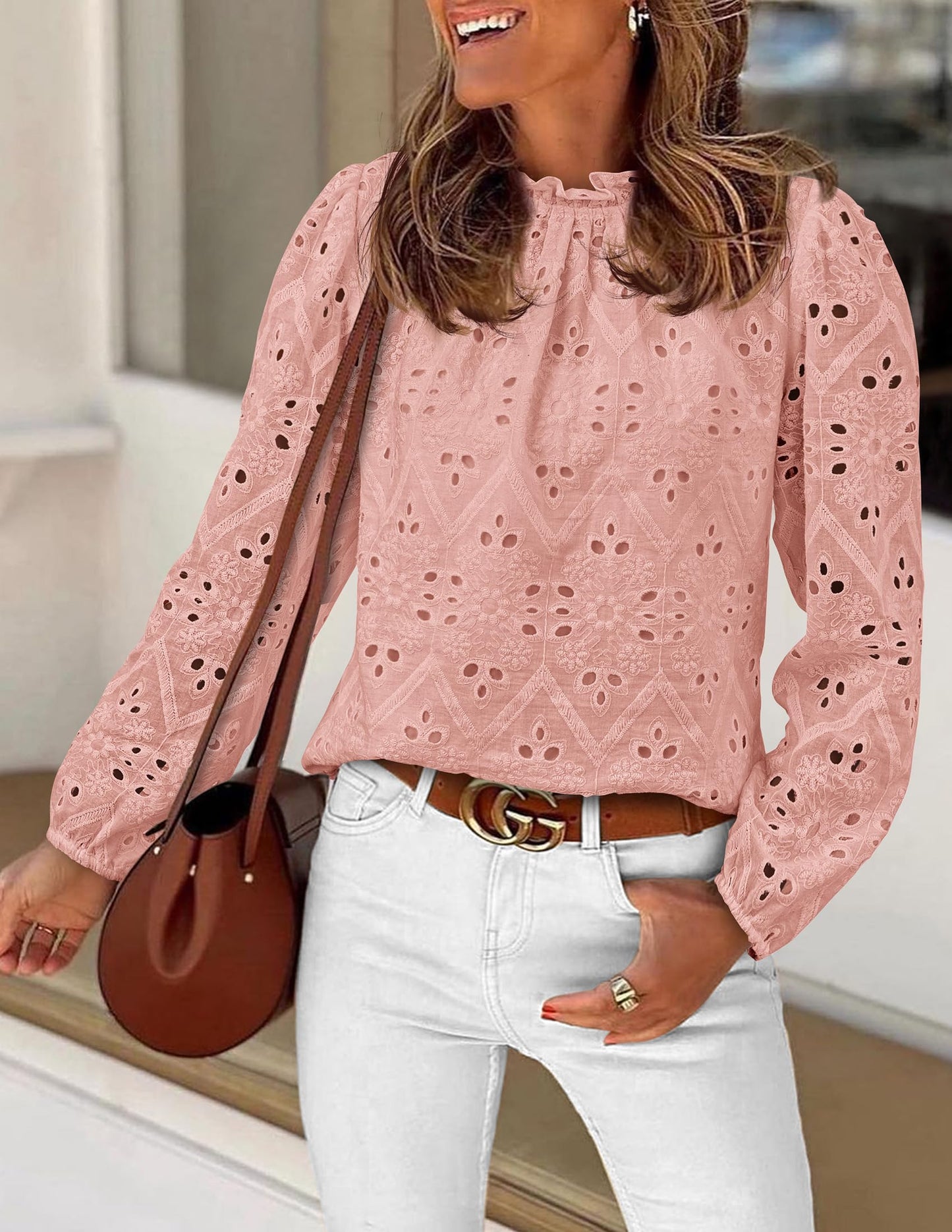 Women’s Blouses Dressy Casual Embroidered Long Puff Sleeve Shirts Ruffle Eyelet Lace Top