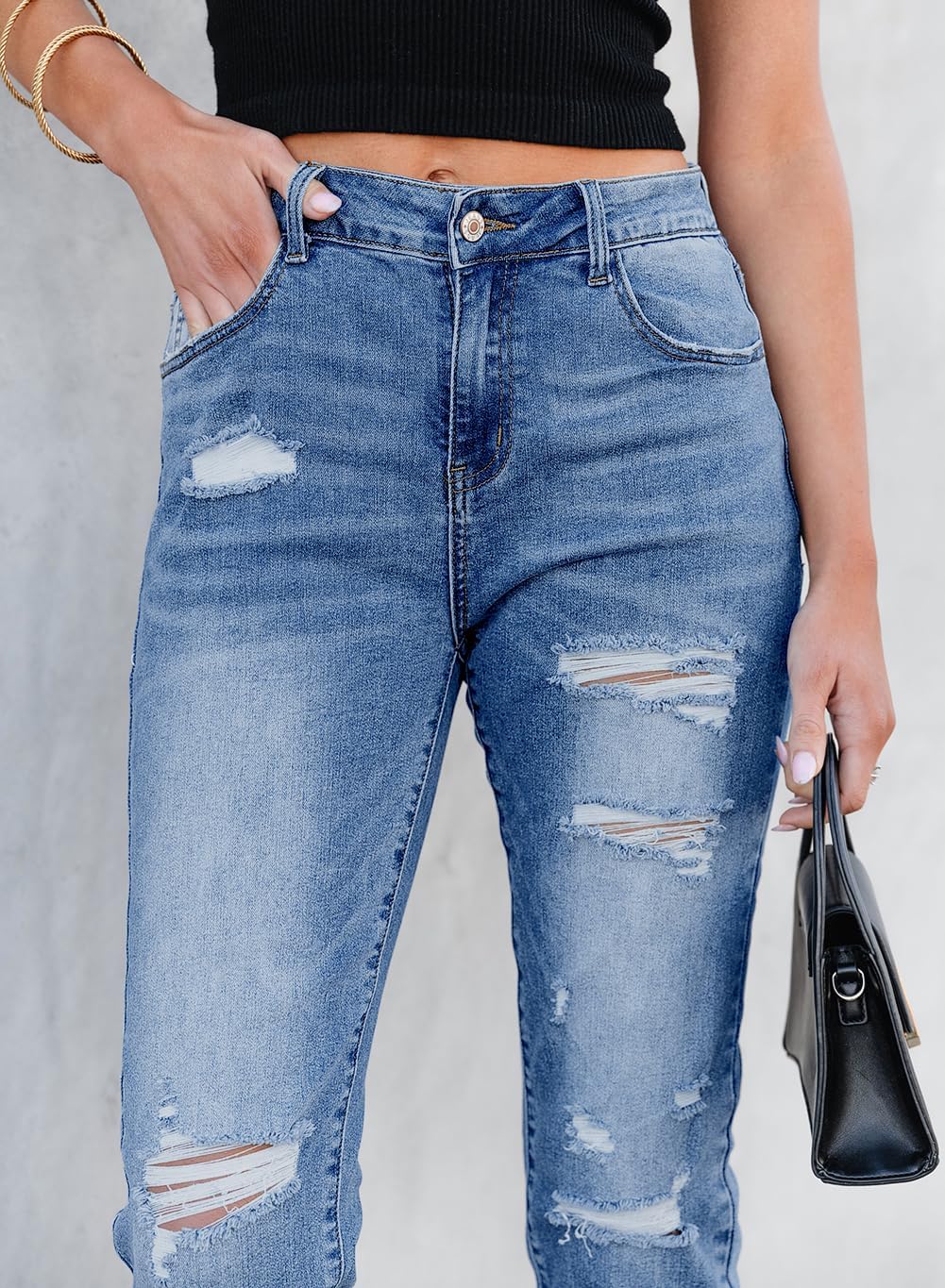 Women's Ripped Jeans Straight Leg Distressed Boyfriend Denim Pants