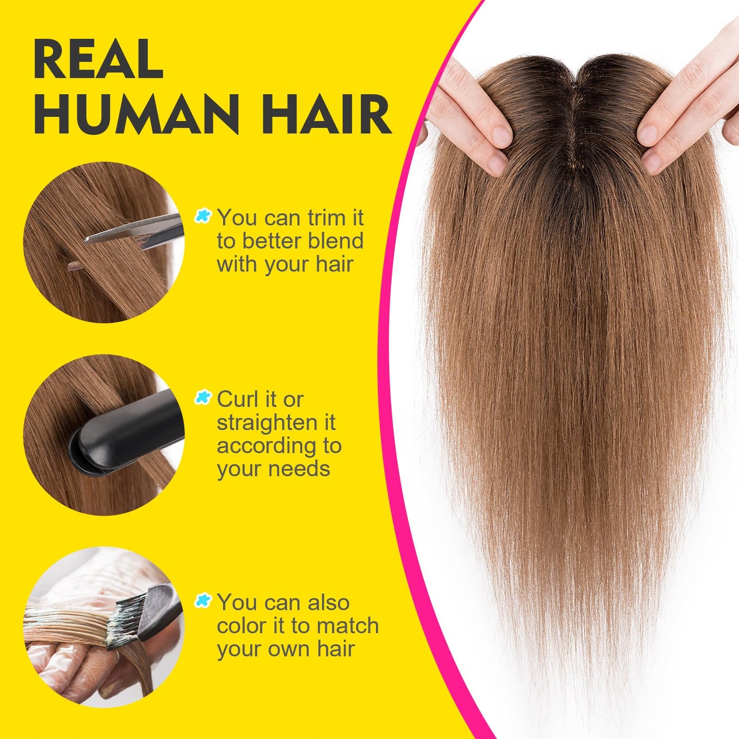 Human Hair Toppers for Women Real Human Hair No Bangs Toppers Hair Pieces for Women with Thinning Hair Upgraded Silk Base 10in. Clip In