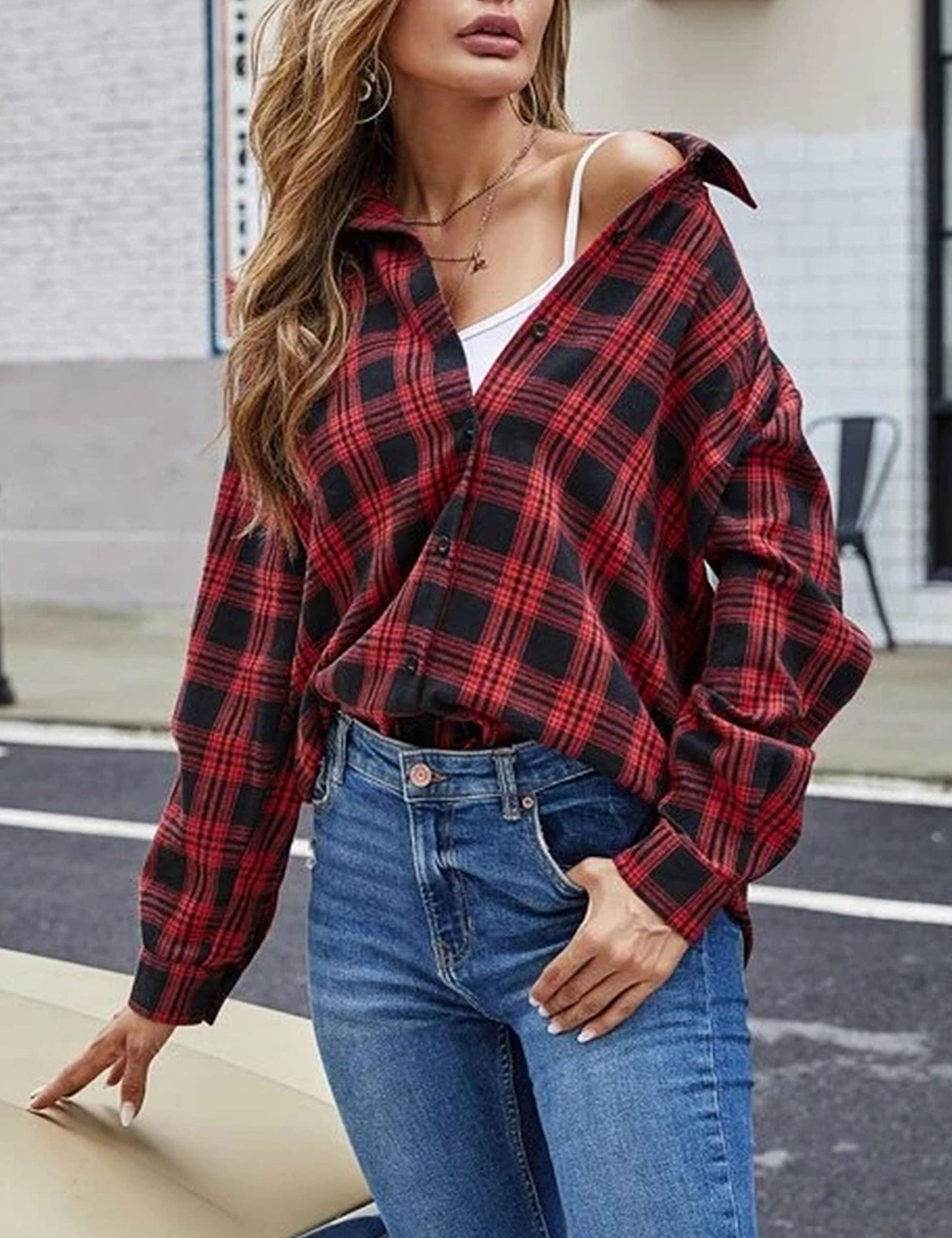 Plaid Flannel Shirts for Women Oversized Long Sleeve Button Down Buffalo Plaid Shirt Blouse Tops