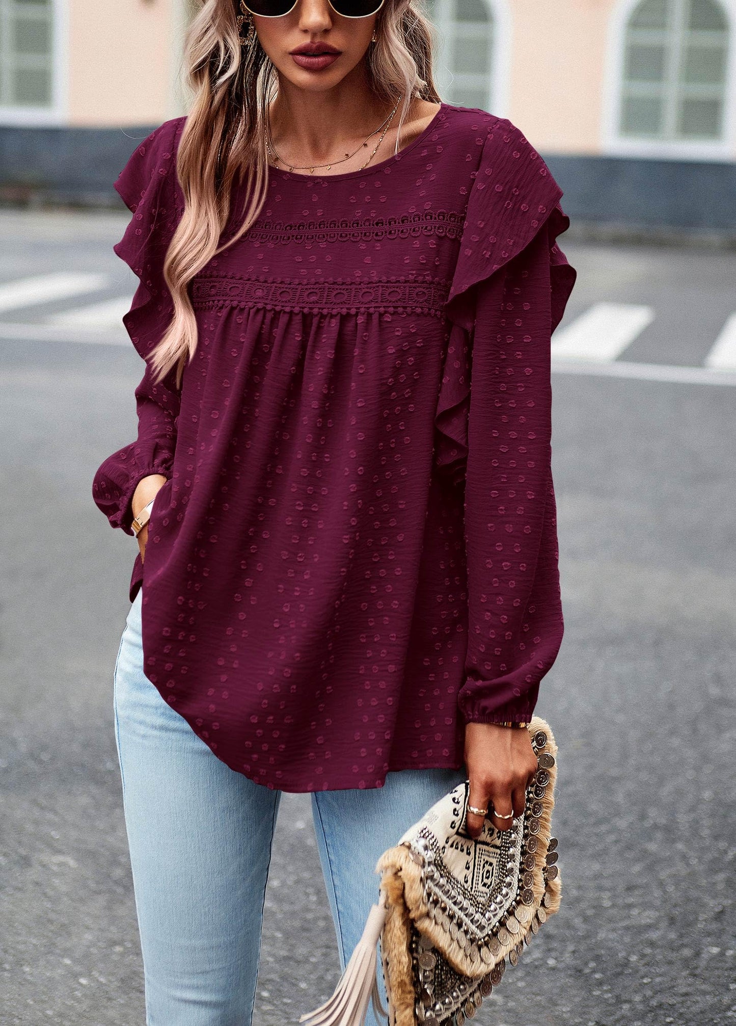 Women's Long Sleeve Blouses Ruffle Swiss Dot Crochet Loose Fit