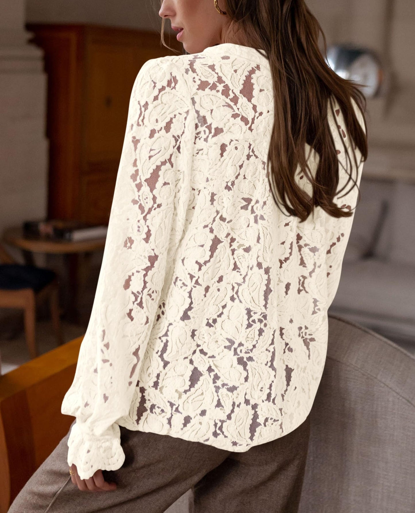 Women's Dressy Casual Lace Blouse Long Sleeve Button Up Shirts Tops