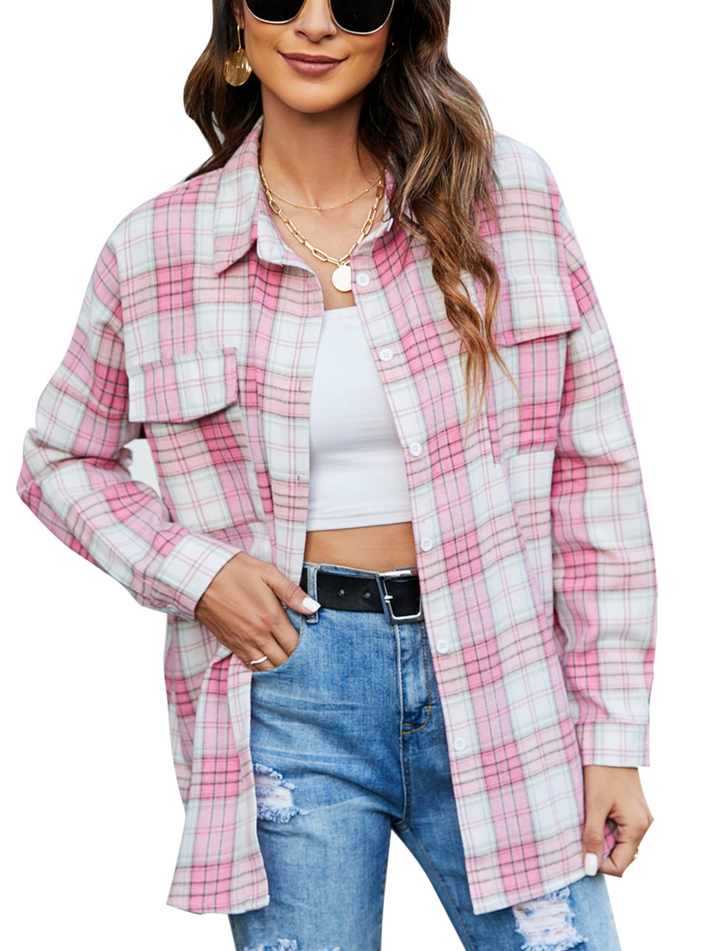 Women's Button Down Flannel Shirts Plaid Shacket Long Sleeve Collared Business Casual Tops Work Blouses