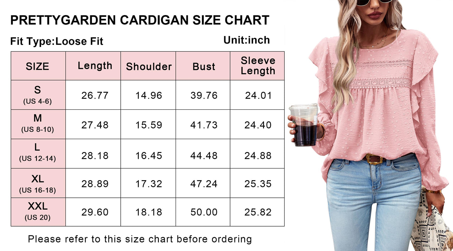 Women's Long Sleeve Blouses Ruffle Swiss Dot Crochet Loose Fit