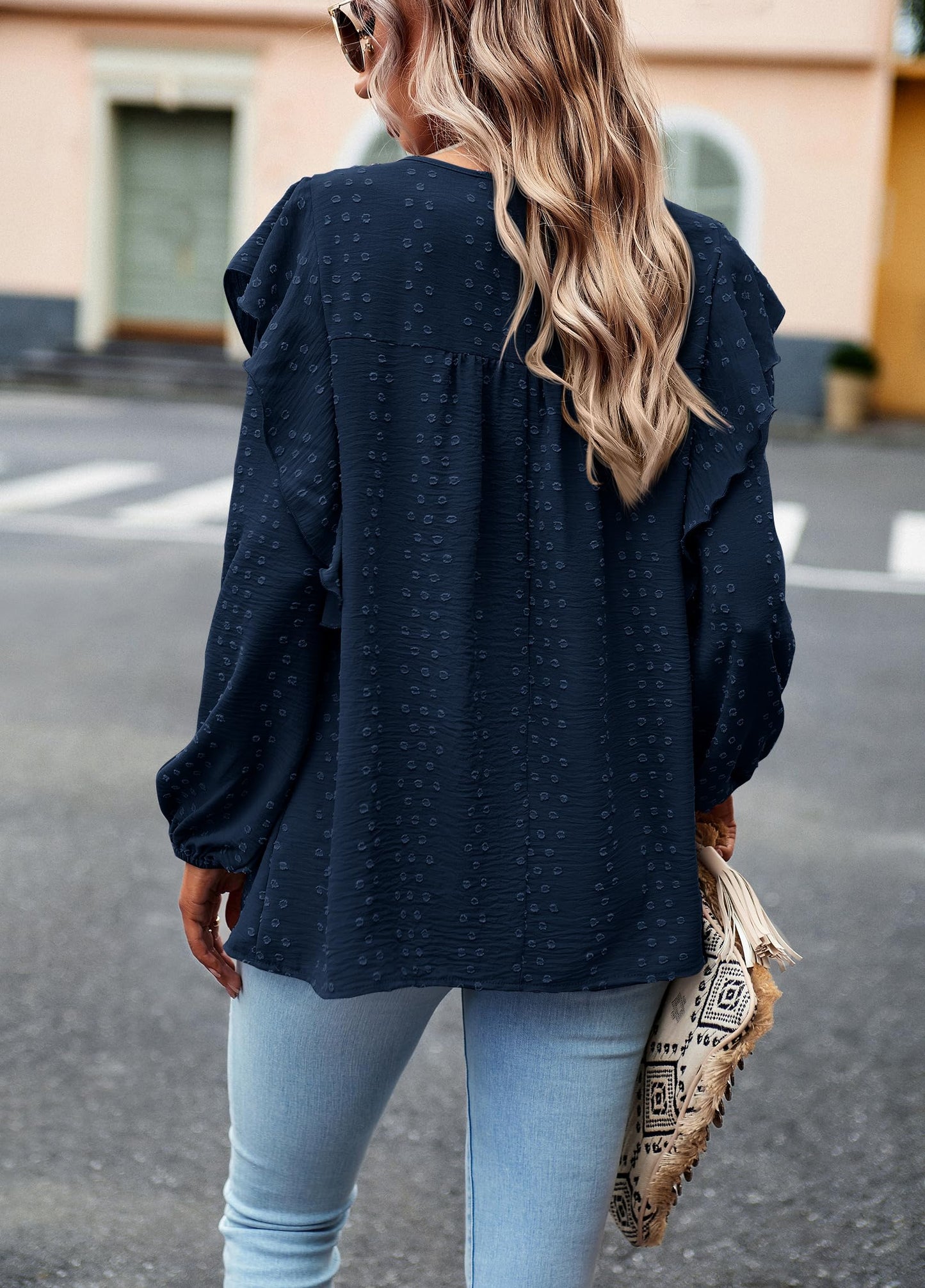 Women's Long Sleeve Blouses Ruffle Swiss Dot Crochet Loose Fit