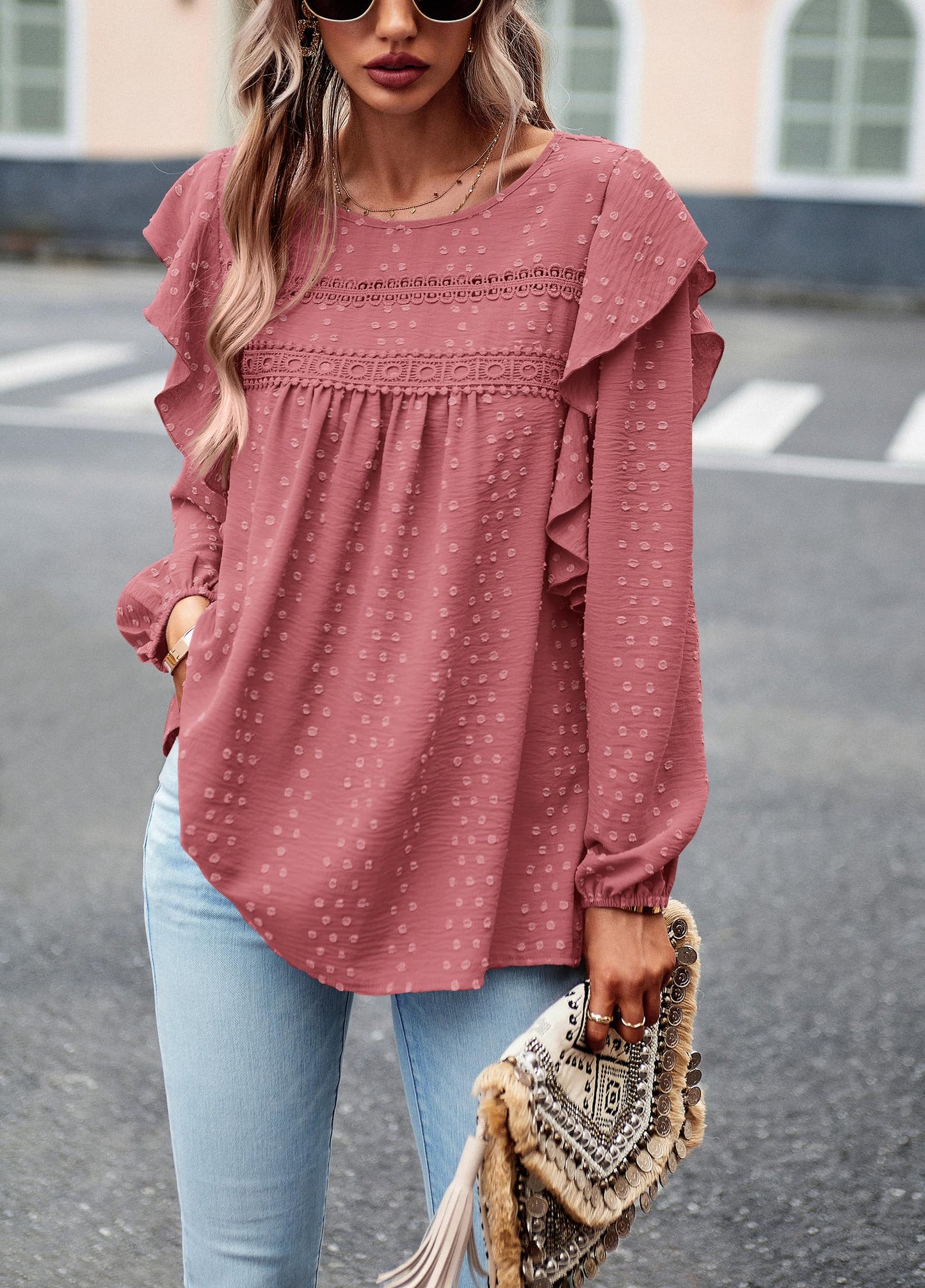 Women's Long Sleeve Blouses Ruffle Swiss Dot Crochet Loose Fit