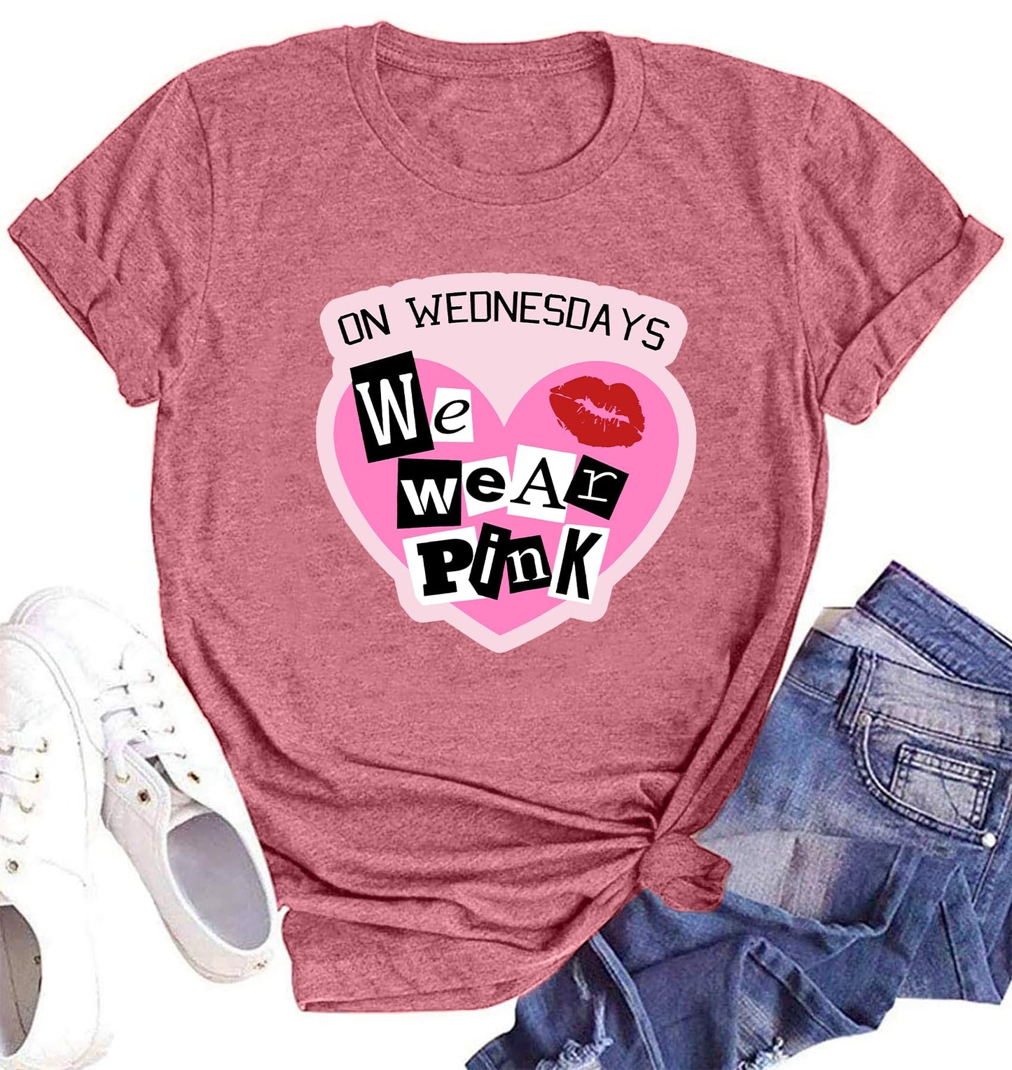 On Wednesday We Wear Pink Shirt Women Breast Cancer T Shirt Short Sleeve Print Tees Gifts for Girls Matching Outfits Top